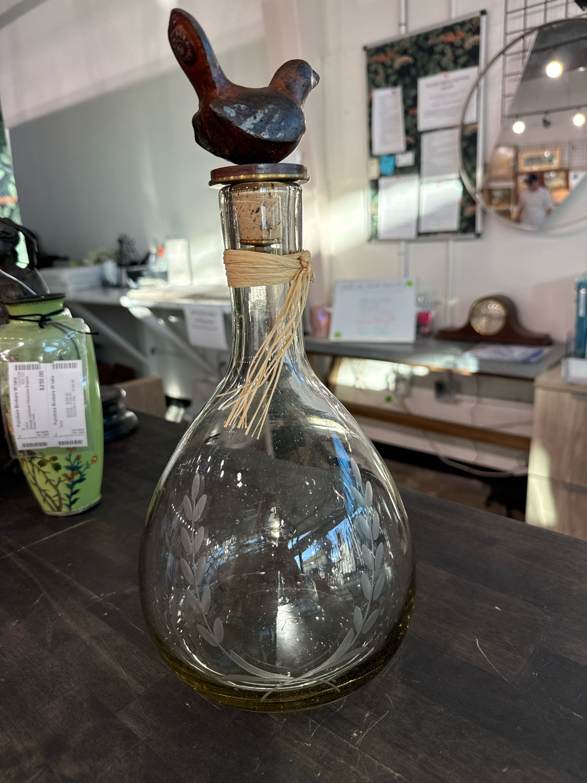 Jan Barboglio Paloma Etched, Hand Blown Glass Decanter w/Forged Iron Bird