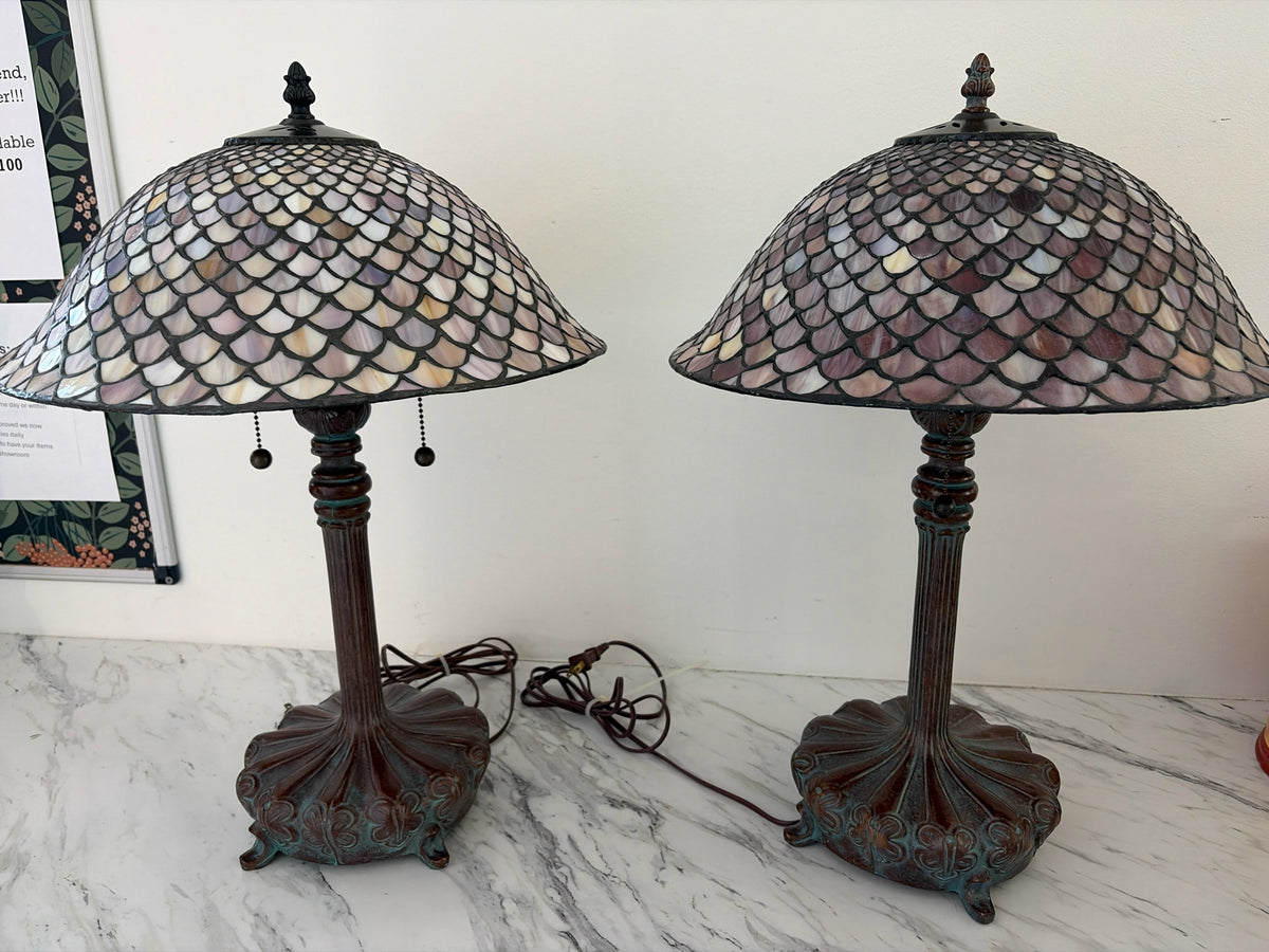 PAIR Tiffany Style Pink/ Purple Fish Scale Shade Lamps Duo-Bulb - 23"H
