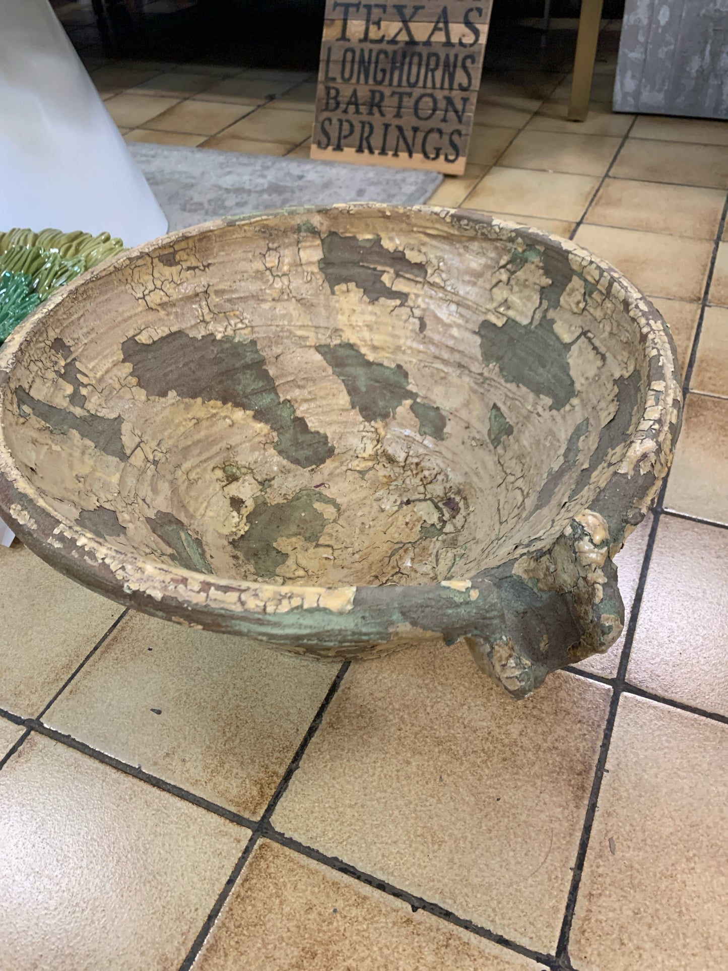 Distressed Green Round Clay Pot