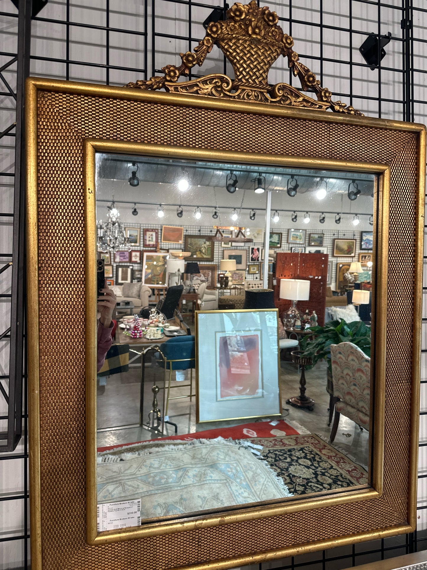 Vintage Gold Mirror w/ Bouquet of Flowers Top 45 t X 32 w