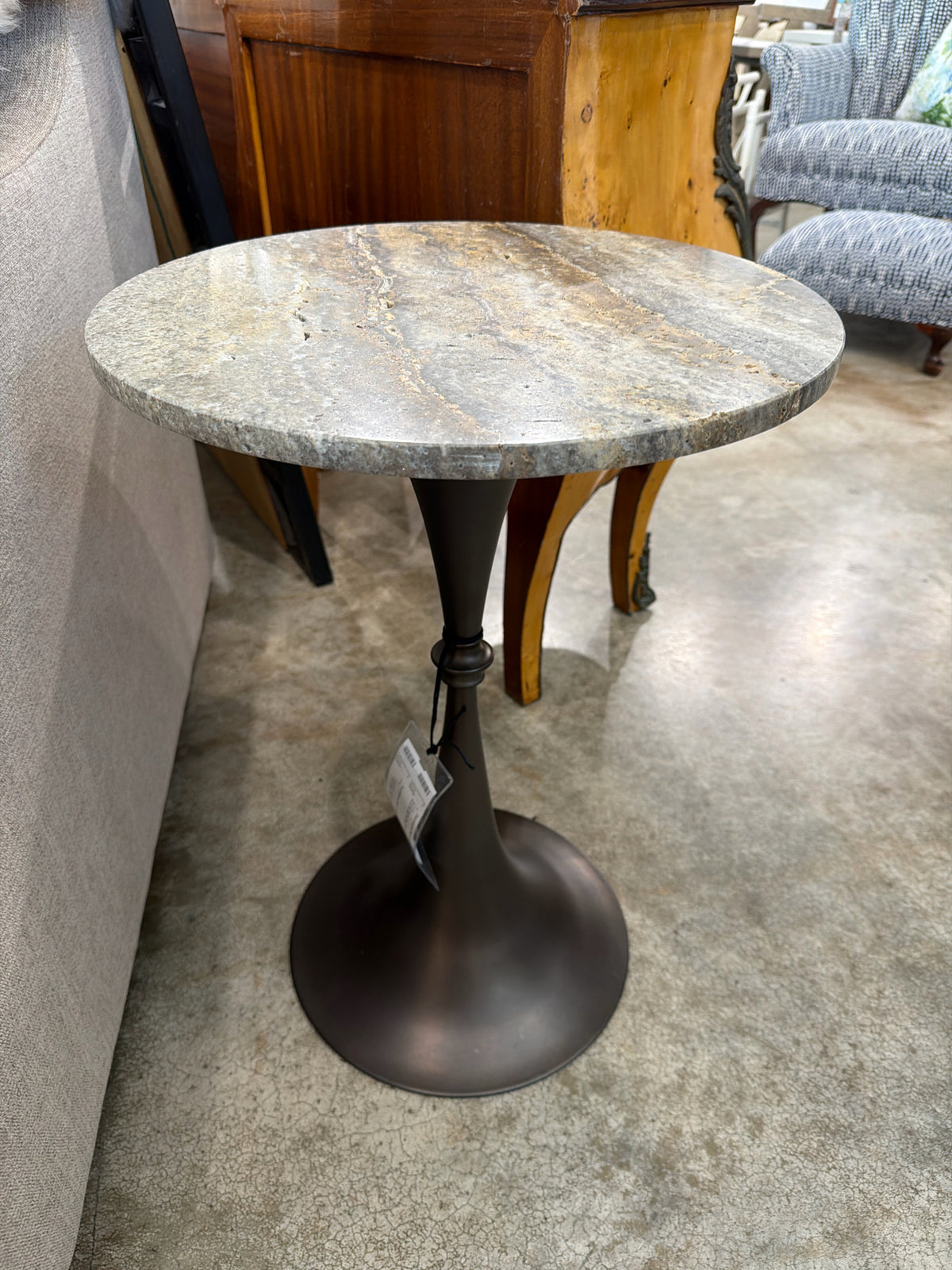 Round Stone Top Pedestal End Table Dark Brown 16" Dia 22"H