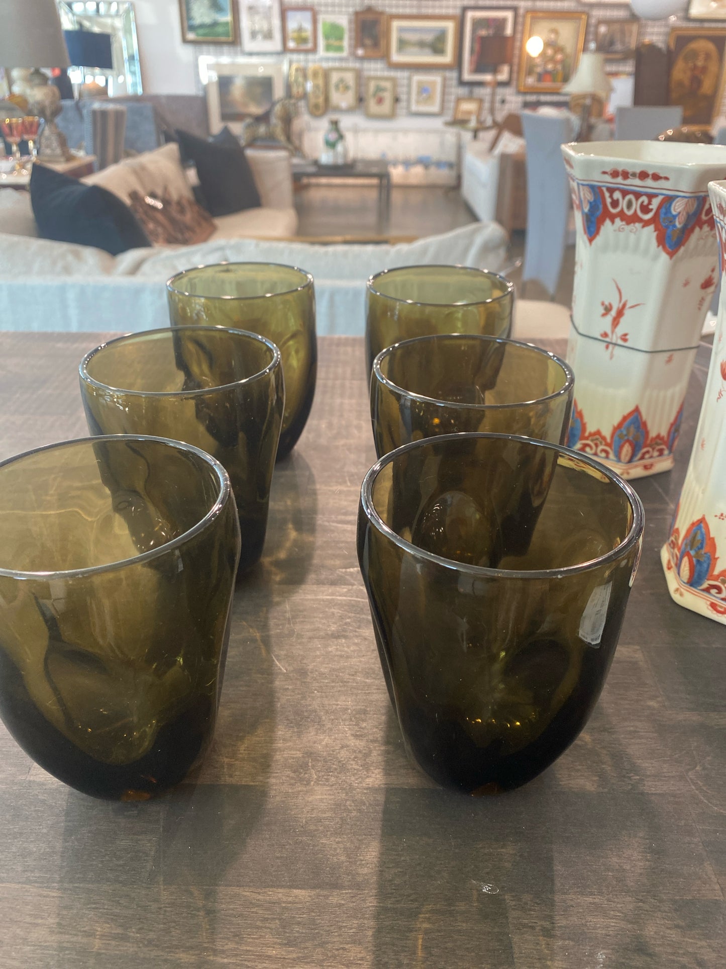 SET 6 Imperial Glass "Russel Wright", Mid-century Pinch Drinking Smoke Glasses