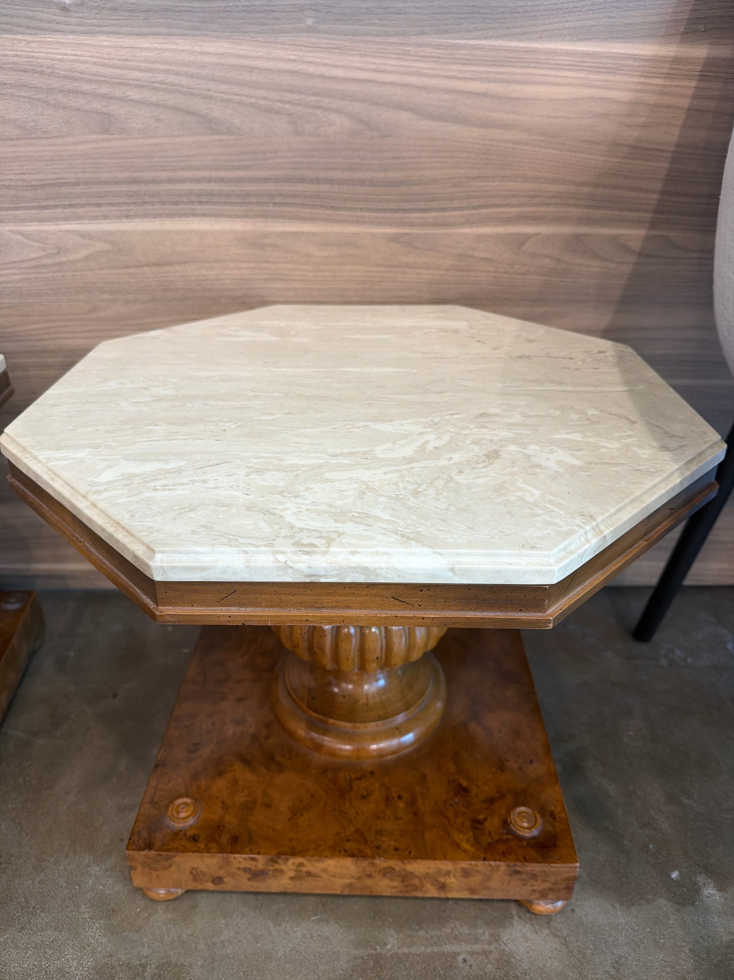 MCM Antique Marble Octagon Top Burl Wood Base