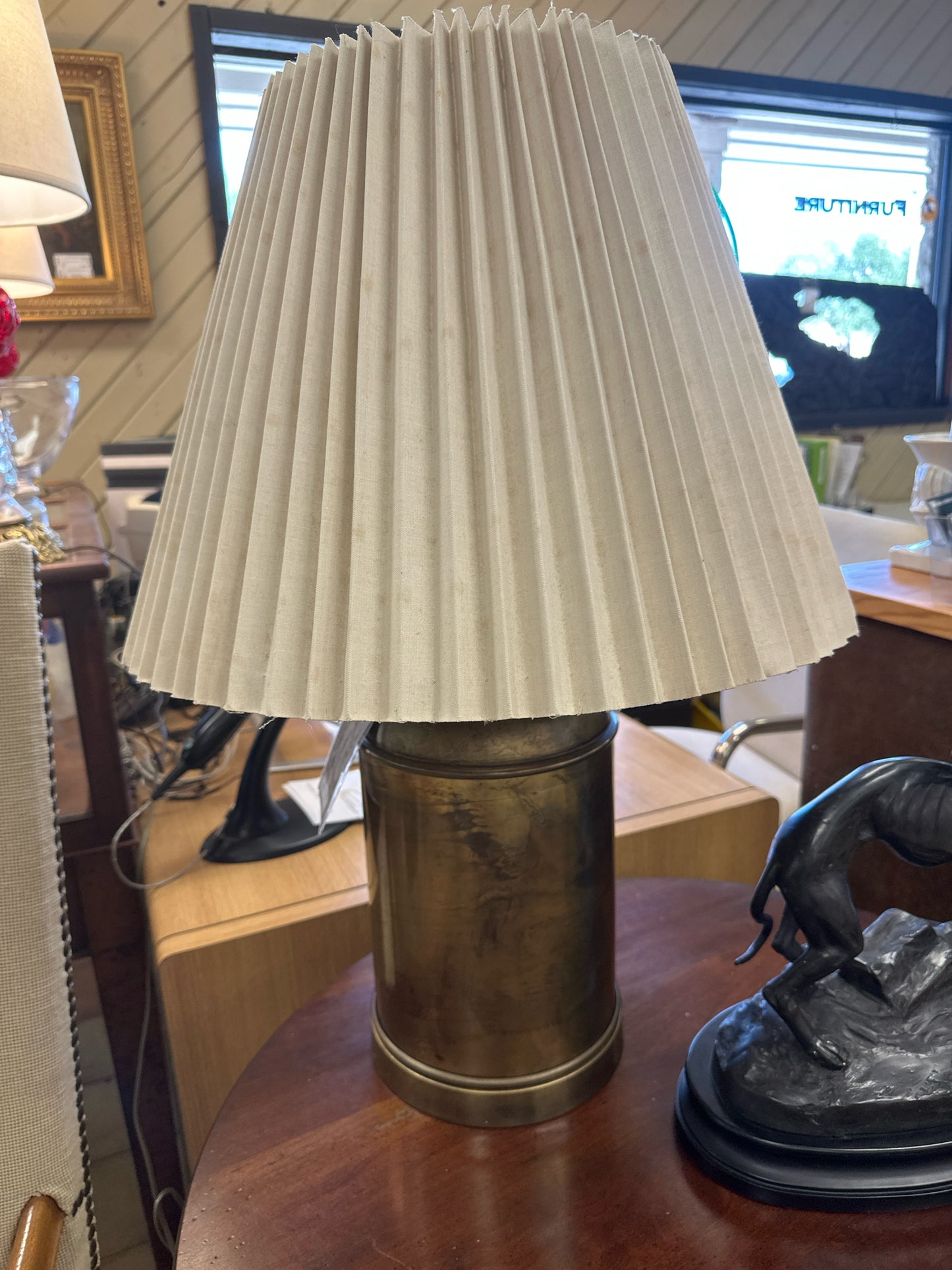 Brass Lamp w/ Pleated Shade Brass Finial Knob
