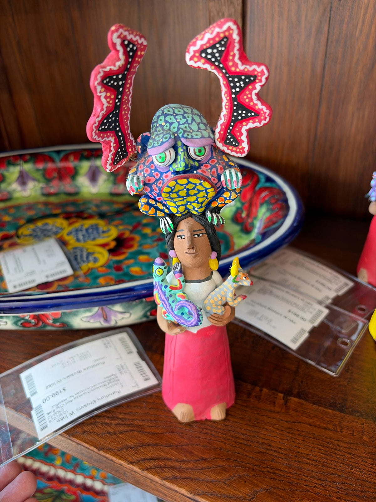 Signed Mexican Oaxacan Red Clay Folk Art-Woman w/Creatures by Josefina Aguilar