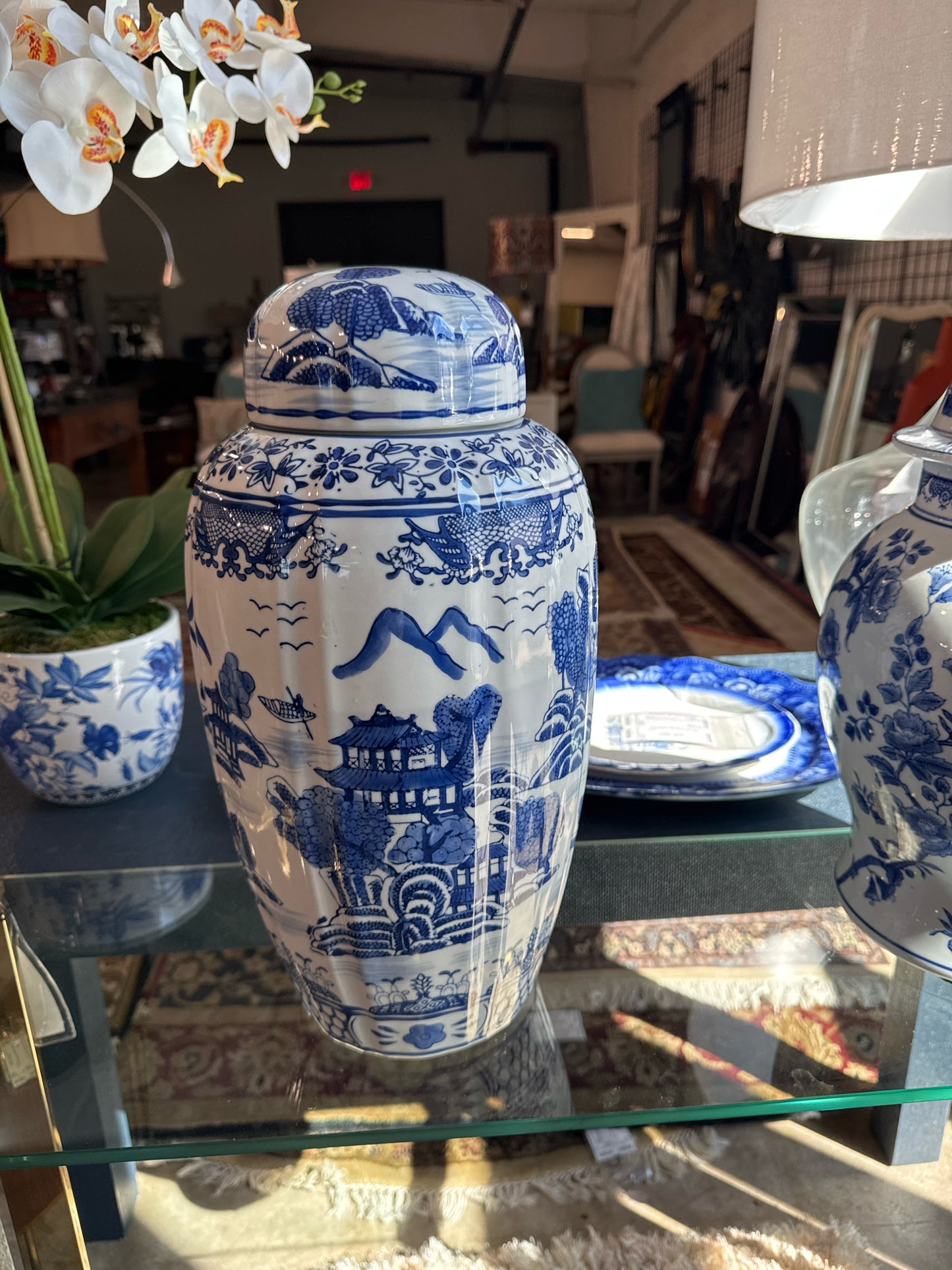 Blue and White Temple Porcelain Ginger Jar with Lid