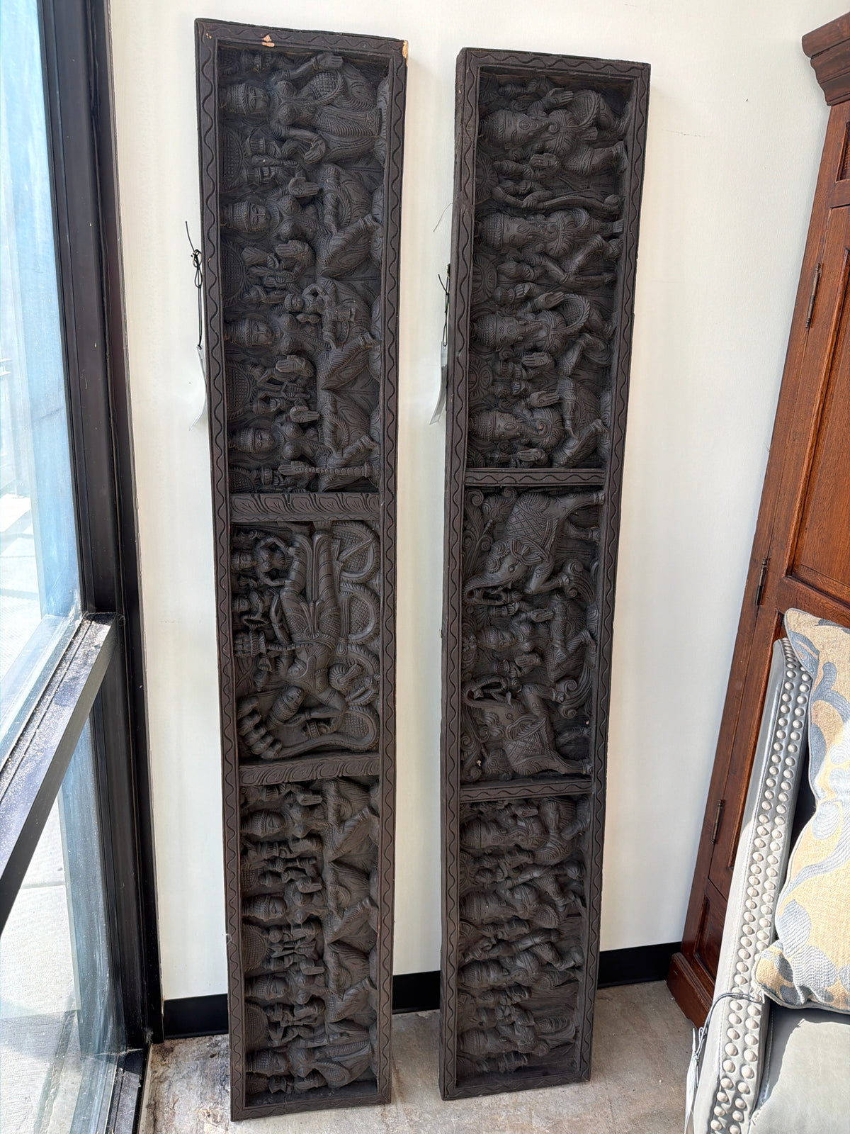 Hindu Rectangle Frame Carved Figures in Dark Wood 72"L x 12"
