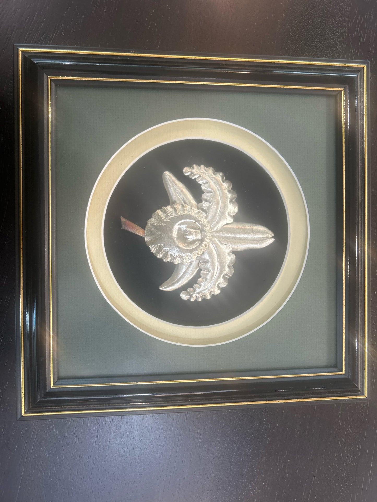 Shadowbox Style- Silver Filigree Orchid Motif w/Green Matting w/Black Frame (9"