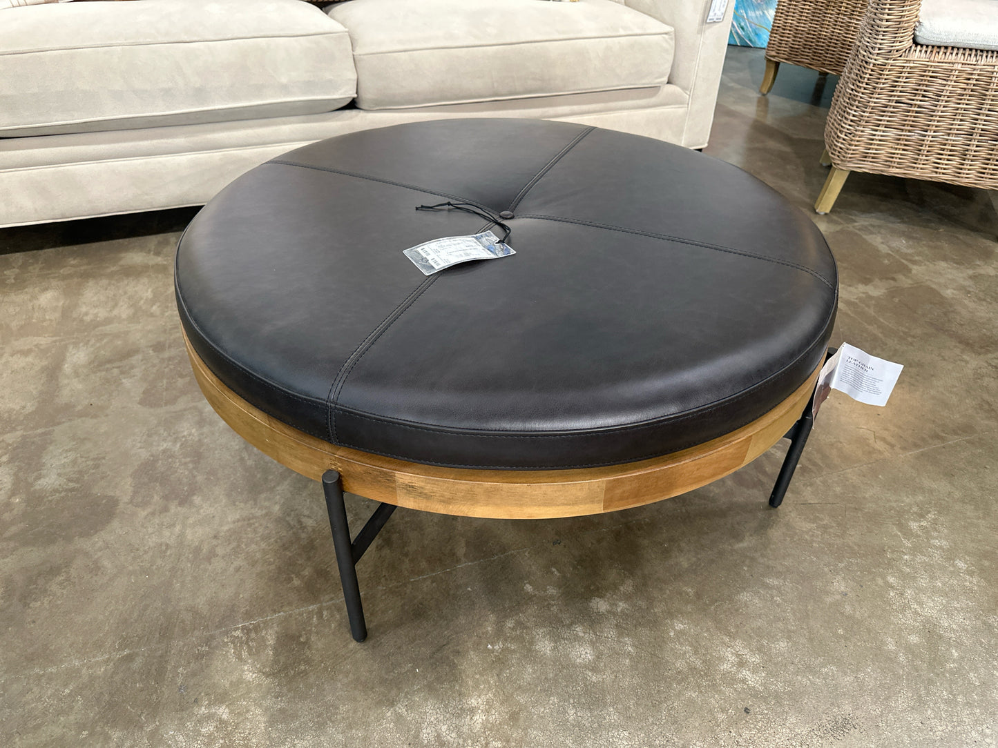NEW "Edwyn" Round Black Leather/Wood Ottoman