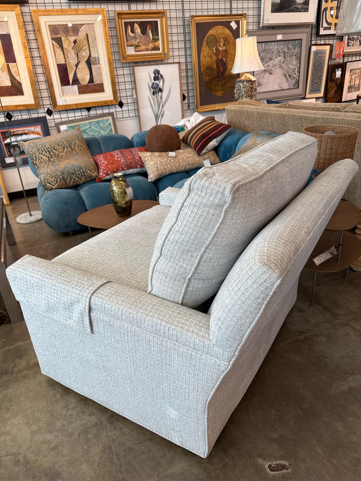 Wesley Hall Swivel Chair & a Half, Othello Fabric, Pewter Colorway (New)