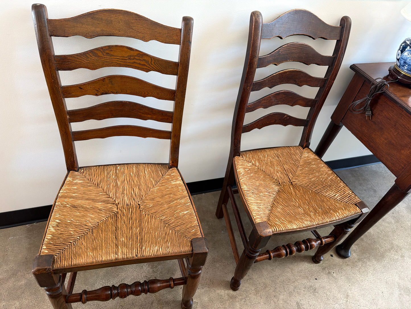 PAIR Ladder Back Bench Made Rush Seat Antique Chairs