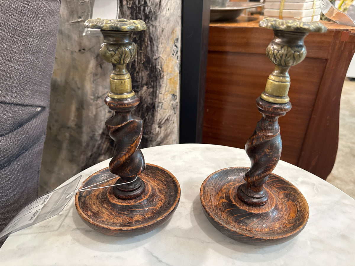 Pair of Antique Wood and Brass Barley Twist Candlesticks