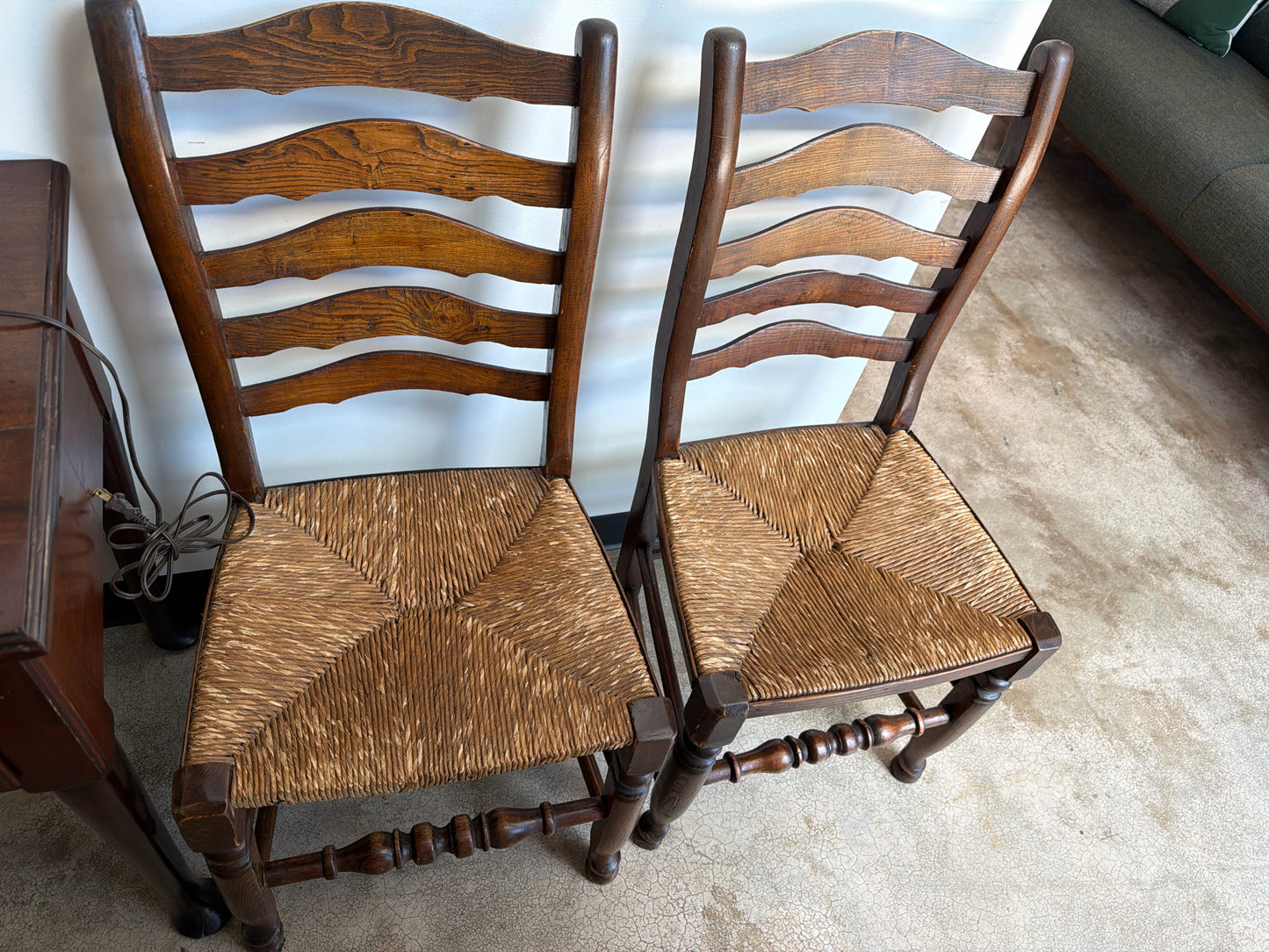 PAIR Ladder Back Bench Made Rush Seat Antique Chairs