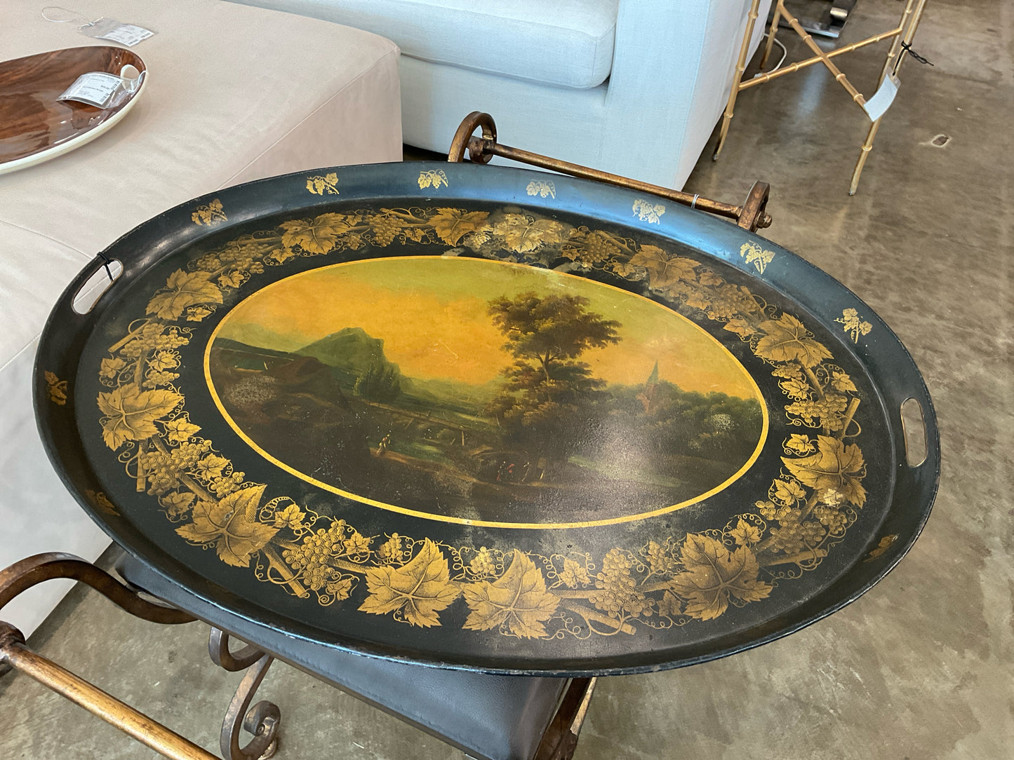 Antique Handpainted "Toleware Tray" with Grapeleaf Rim