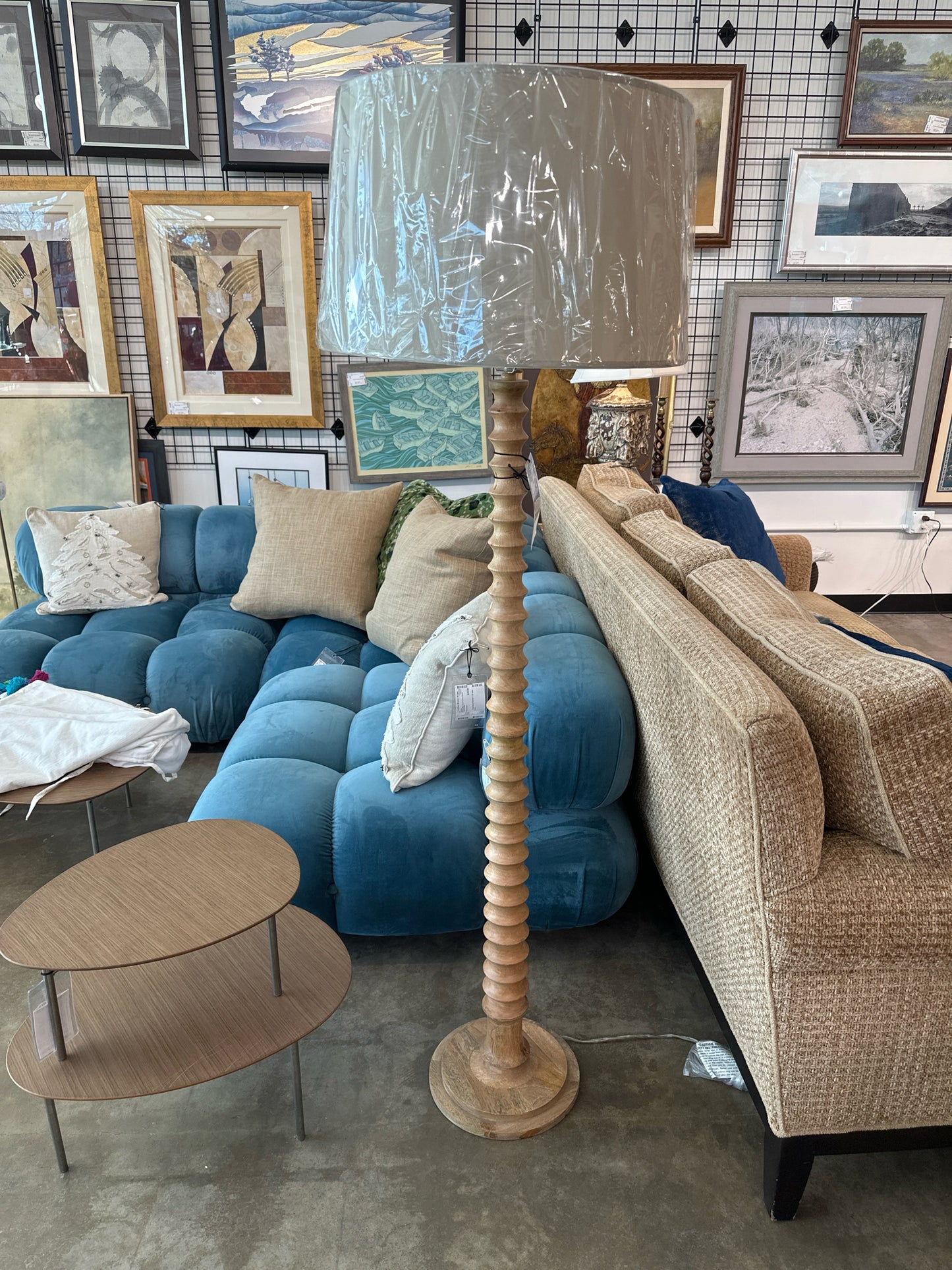 PB Wood Stacked Floor Lamp w/ Tan Shade