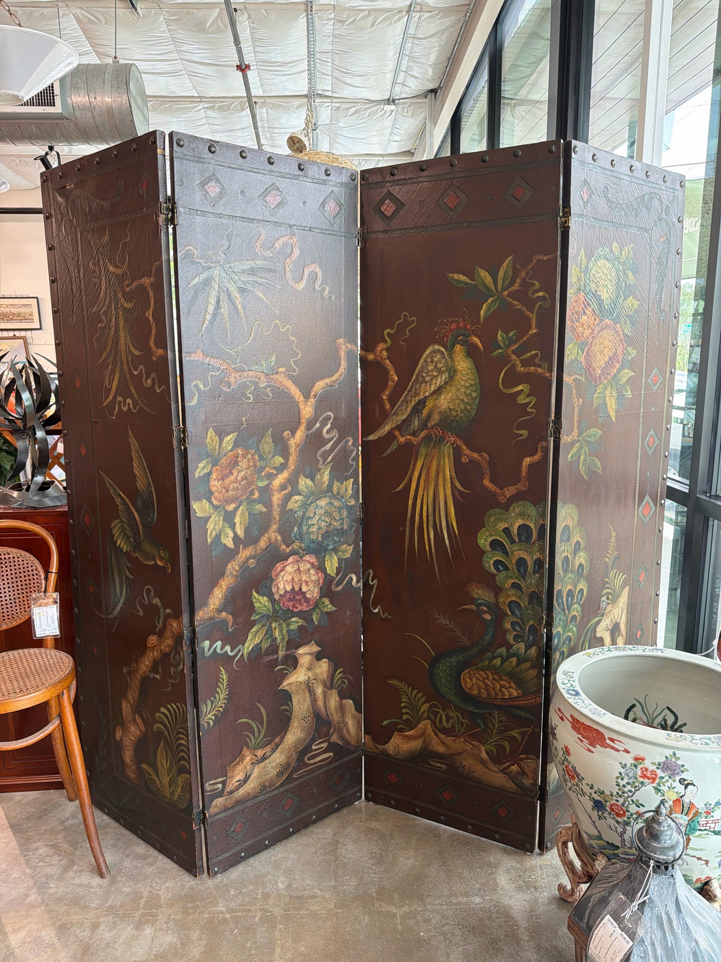 Engllish Antique 4 Panel Leather Painted Screen