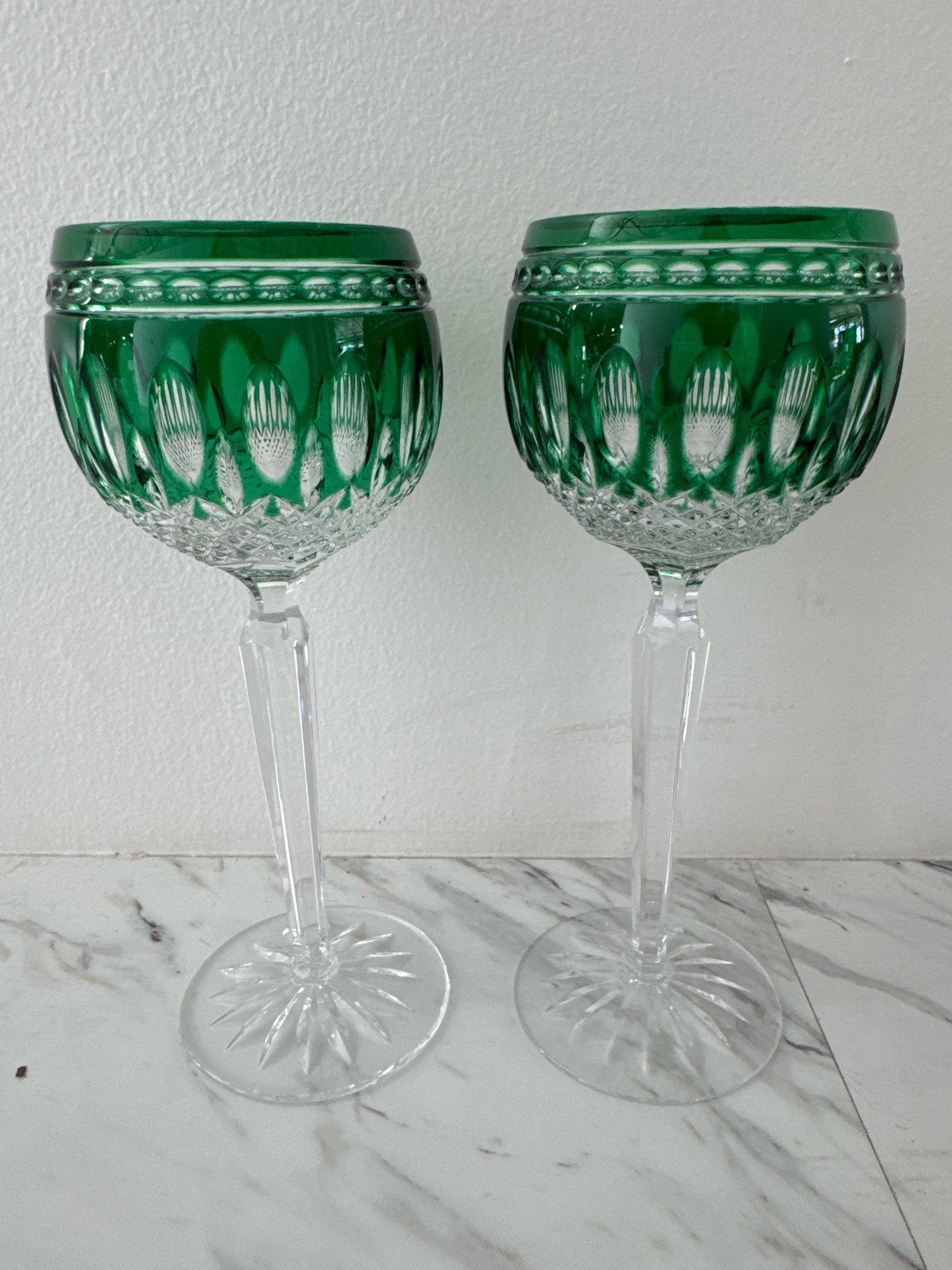 PAIR of Waterford Crystal Green Wine Goblets (signed)