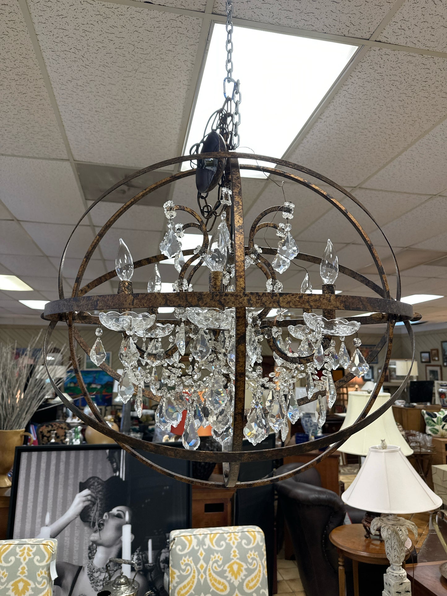 6 Light Rustic Orb w/ Crystal Chandelier