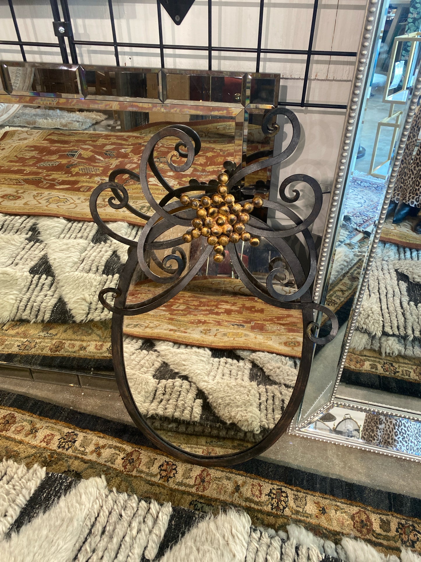 Italian Oval Wrought Iron Mirror with Gold Center Design (16" x 30")