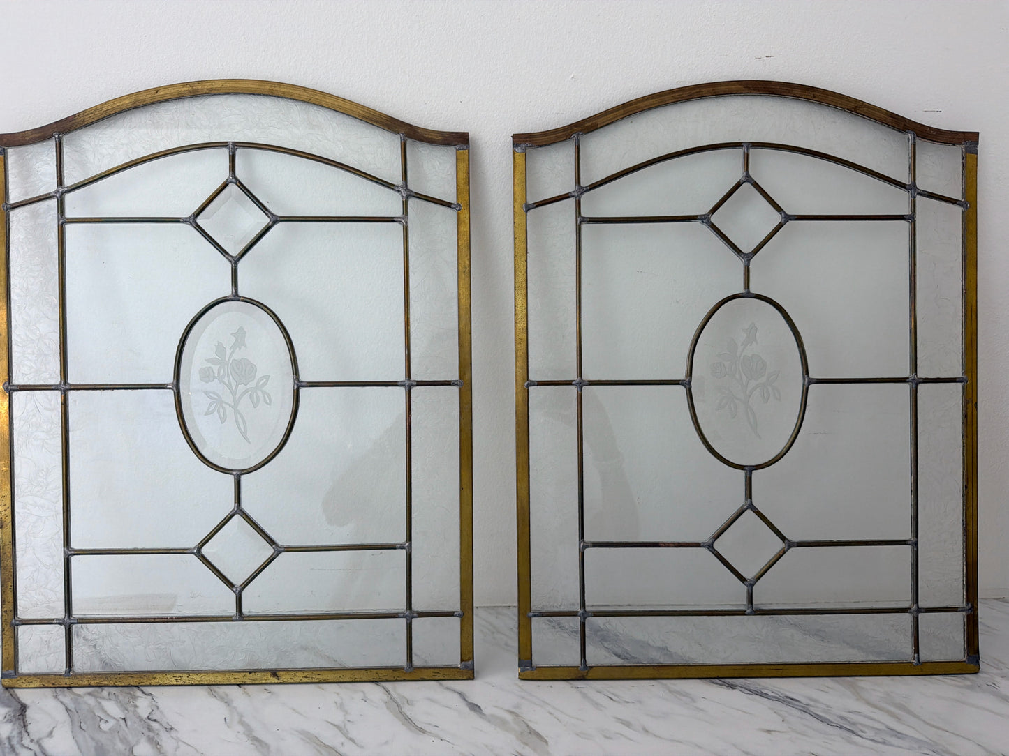 PAIR Antique Stained Glass Etched Panels Brass Trim