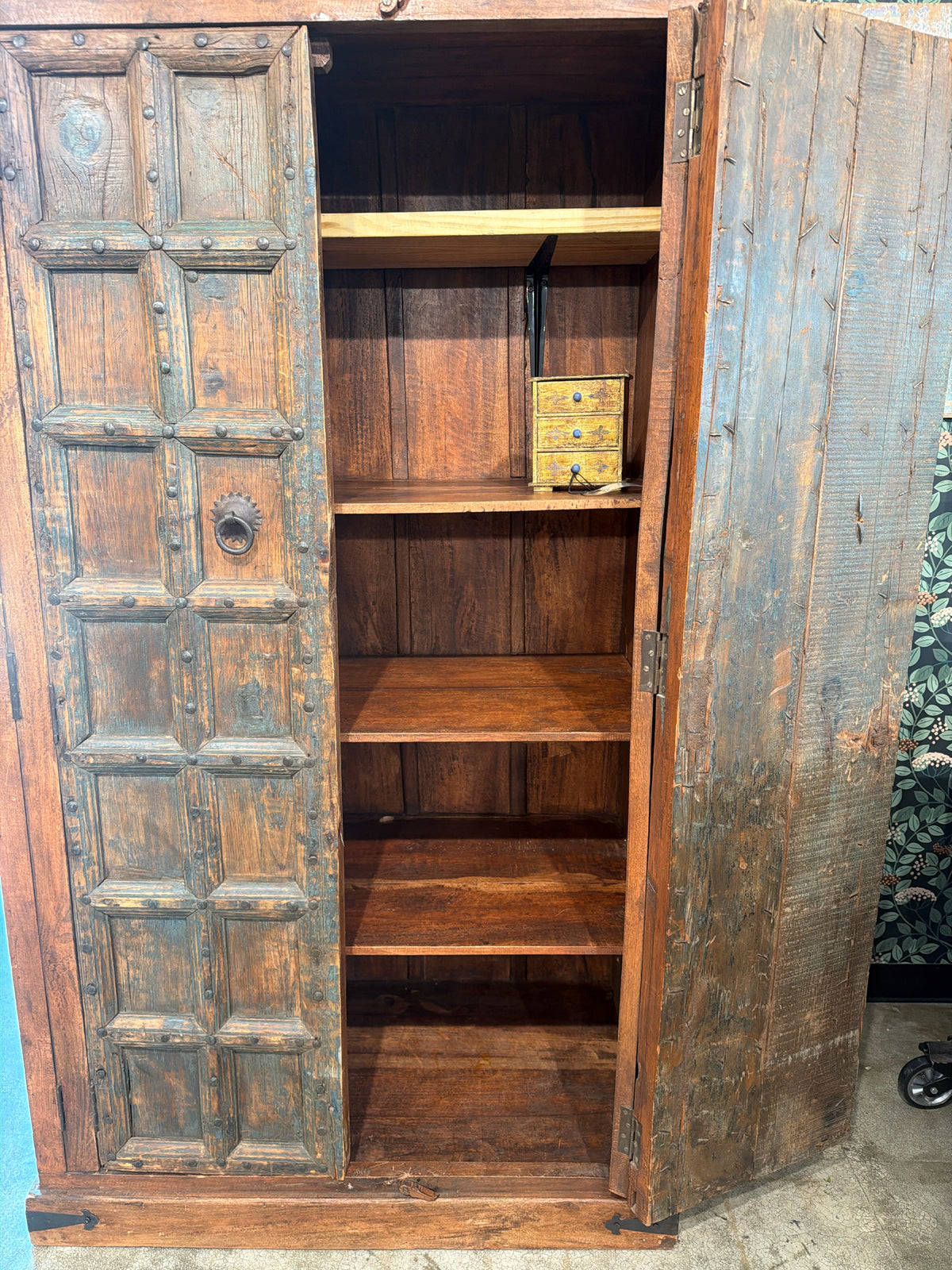 Rustic Carved Antique Indian Wood Cabinet/Bar 4 Shelves