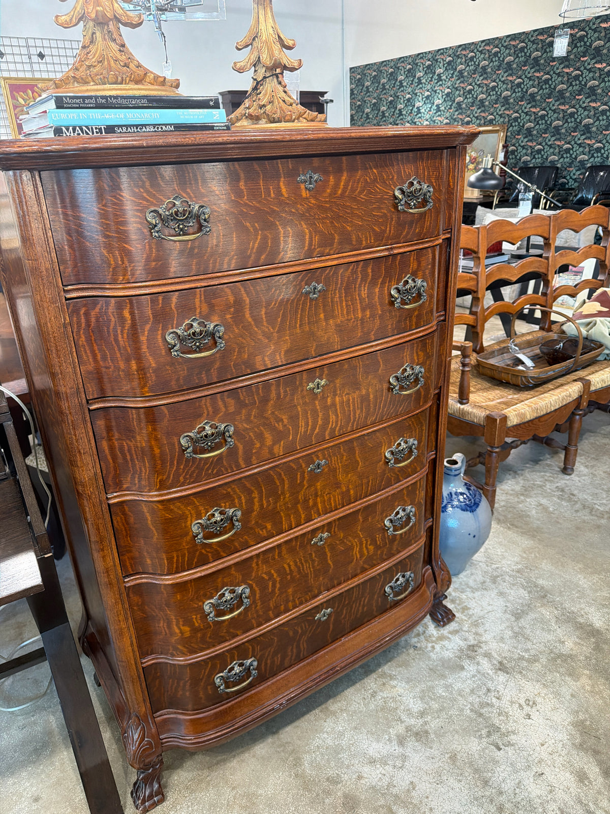Vintage Tiger Oak Chest of Drawers Brass Hardware