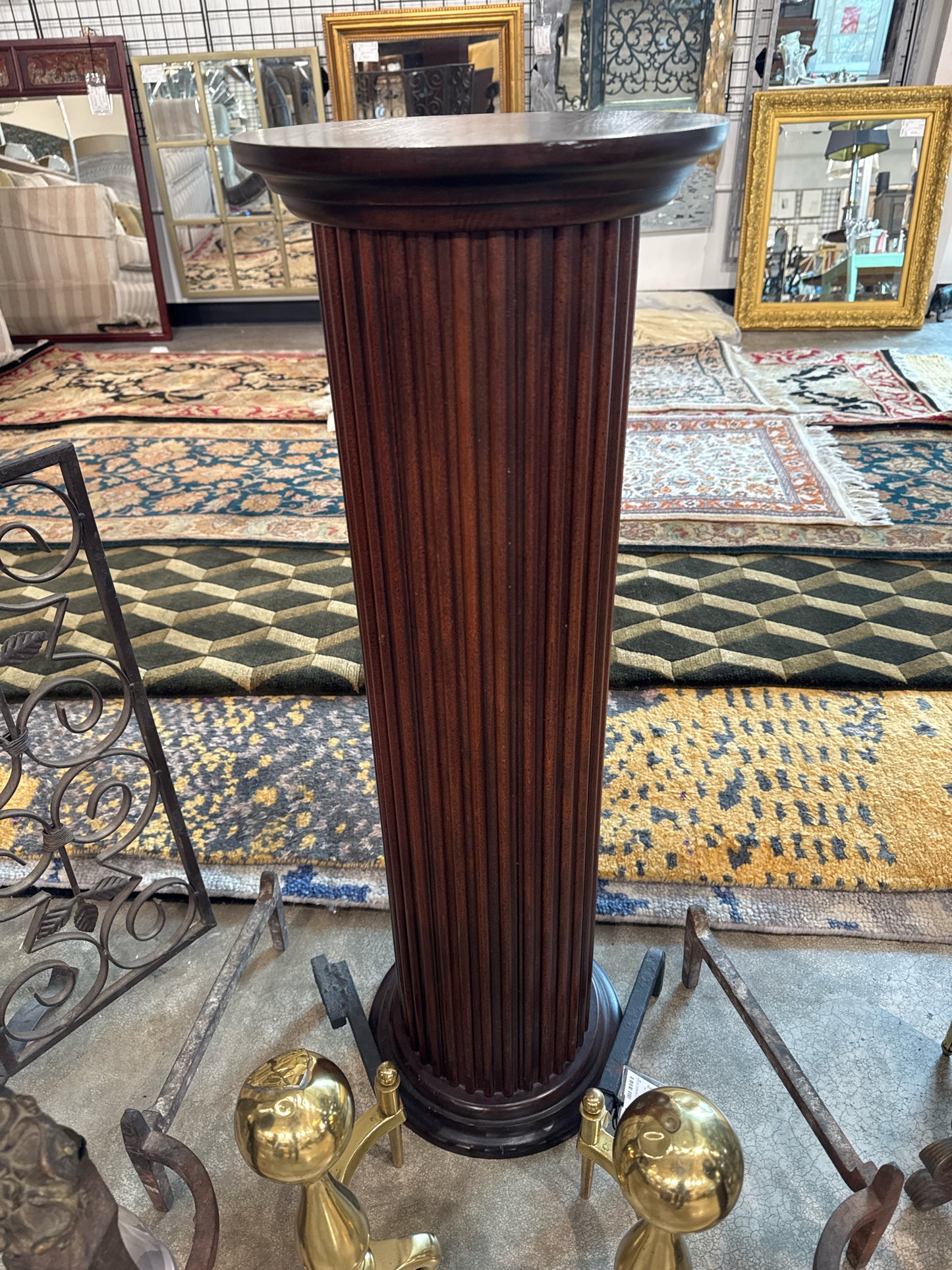 Round Stained Wood Display Pillar with Ribbed Design