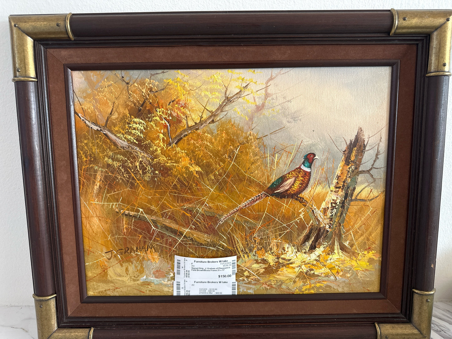 Signed Orig., J. Graham of Pheasant in Field Brown/Brass Frame 21 x 17