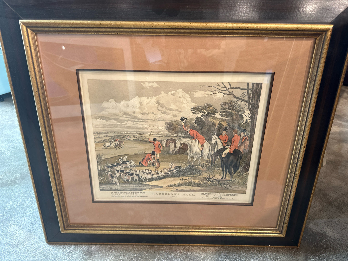 "Bachelors Hall" Equestrian Art in Wood/Gold Frame 27 x 24