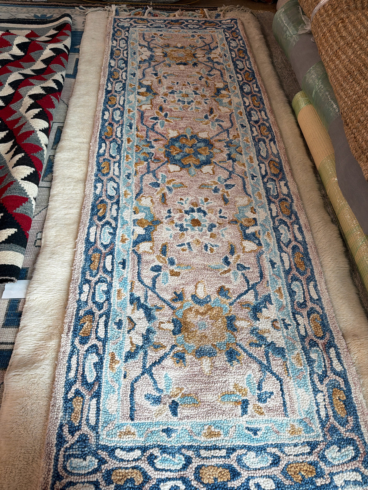 Grandin Road Pink/Blue/White Hooked Runner 30 x 8'
