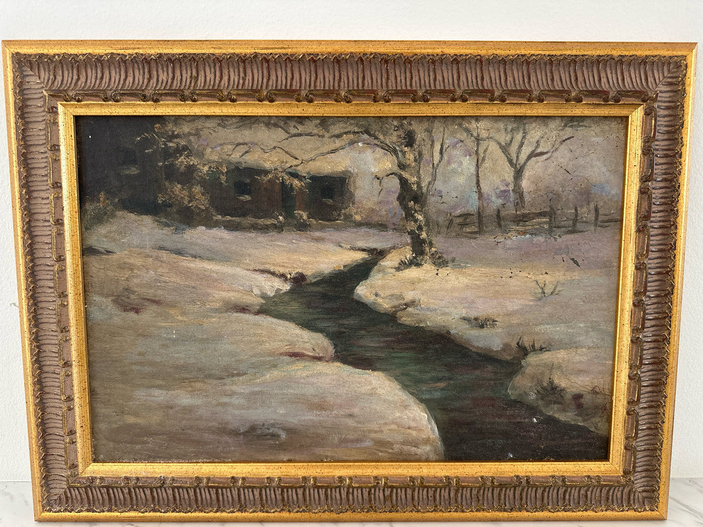 Original by Catherine Stockwell of Snowy Stream 23 x 17 Gold Frame