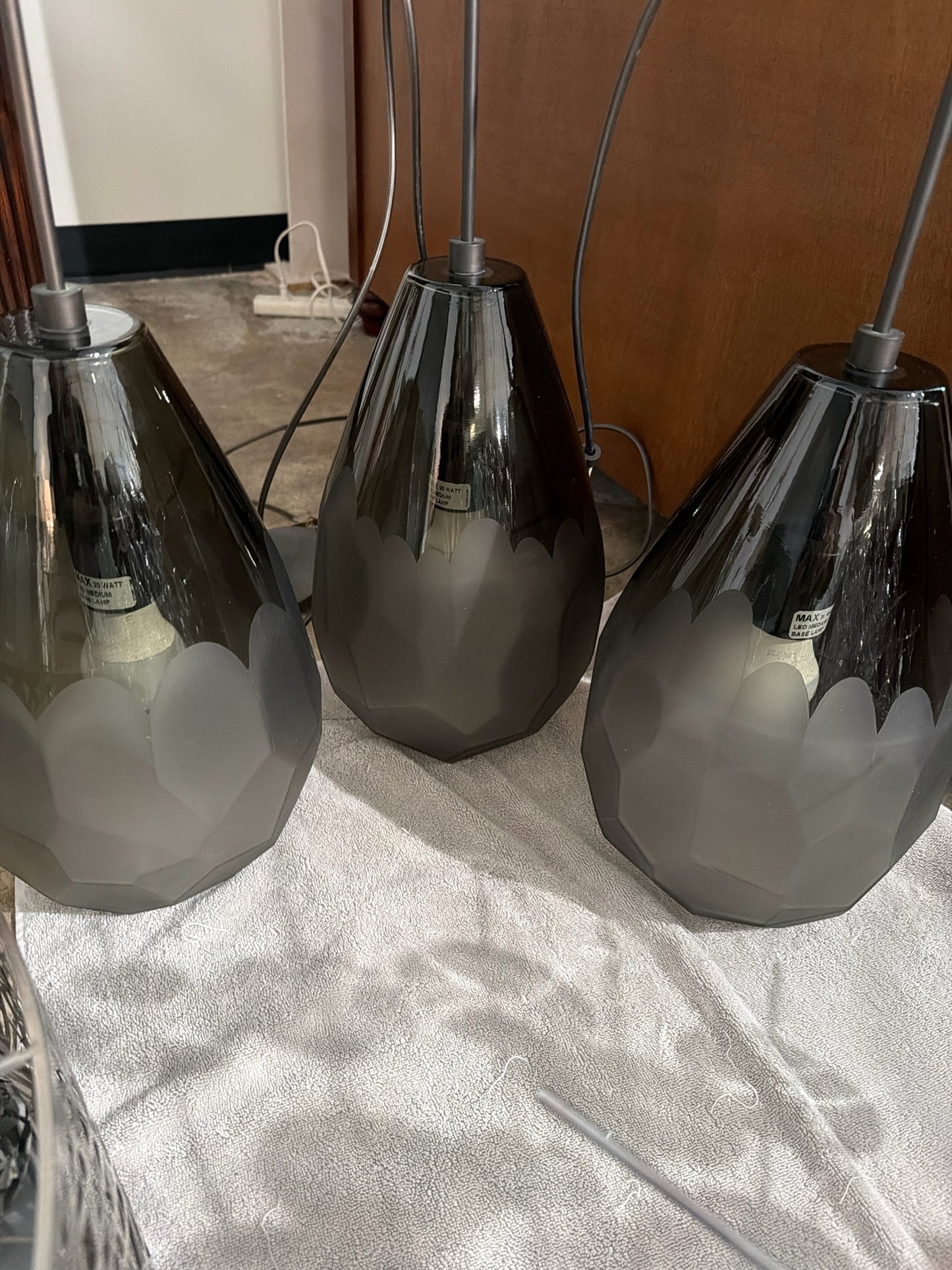 3 Hanging Pendant Lights Dark Gray Glass w/ Teardrop Etching (15" x 8")