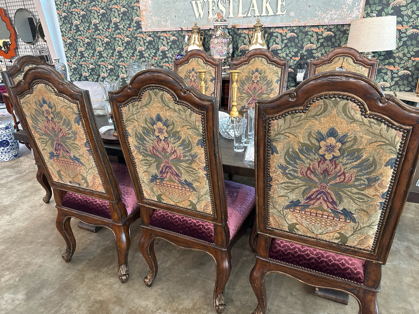 SET of 7 Marge Carson Dining Chairs with Tapestry Fabric and Plum Silk Seats