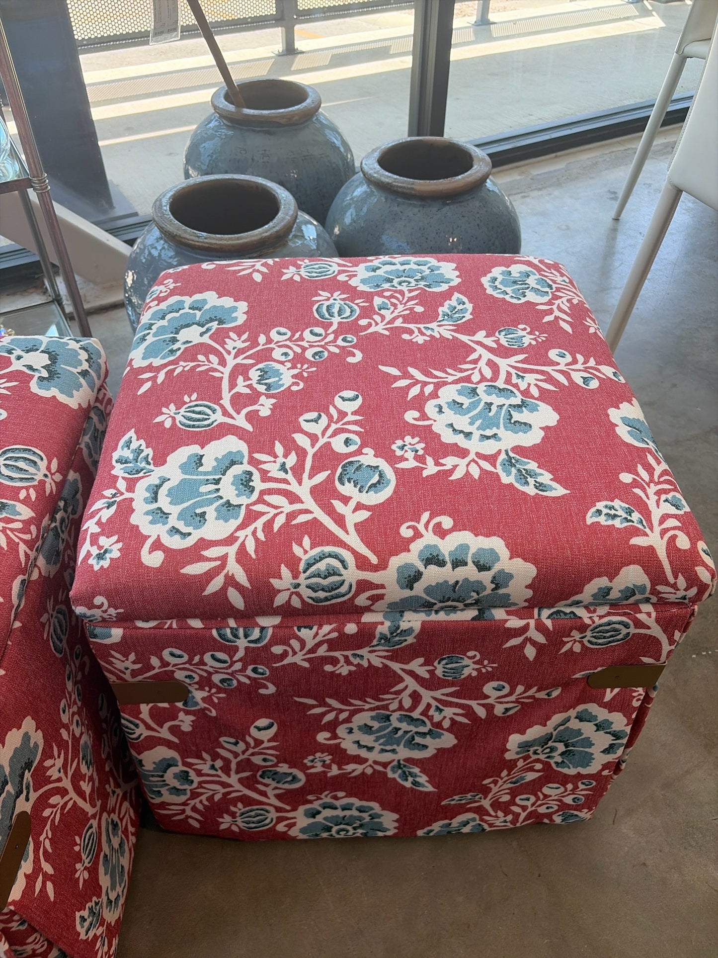 One Kings Lane Storage Ottoman-Red w/Blue/White Flowers