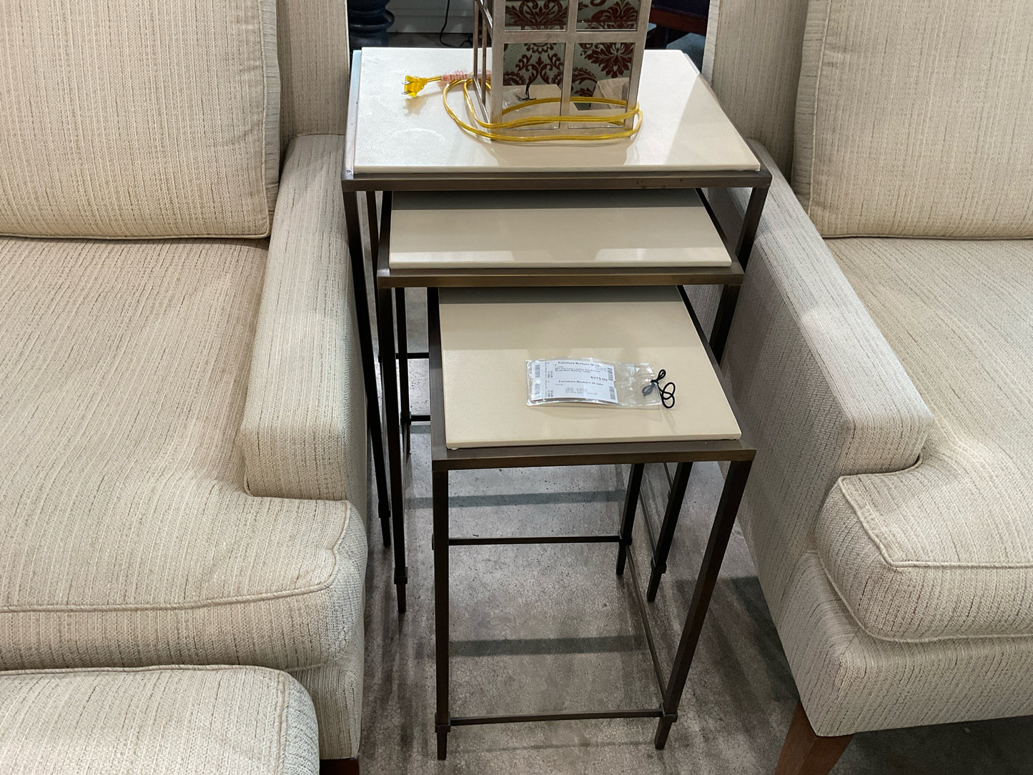 SET of 3 Ivory Leather Top Antique Brass Base Nesting Tables