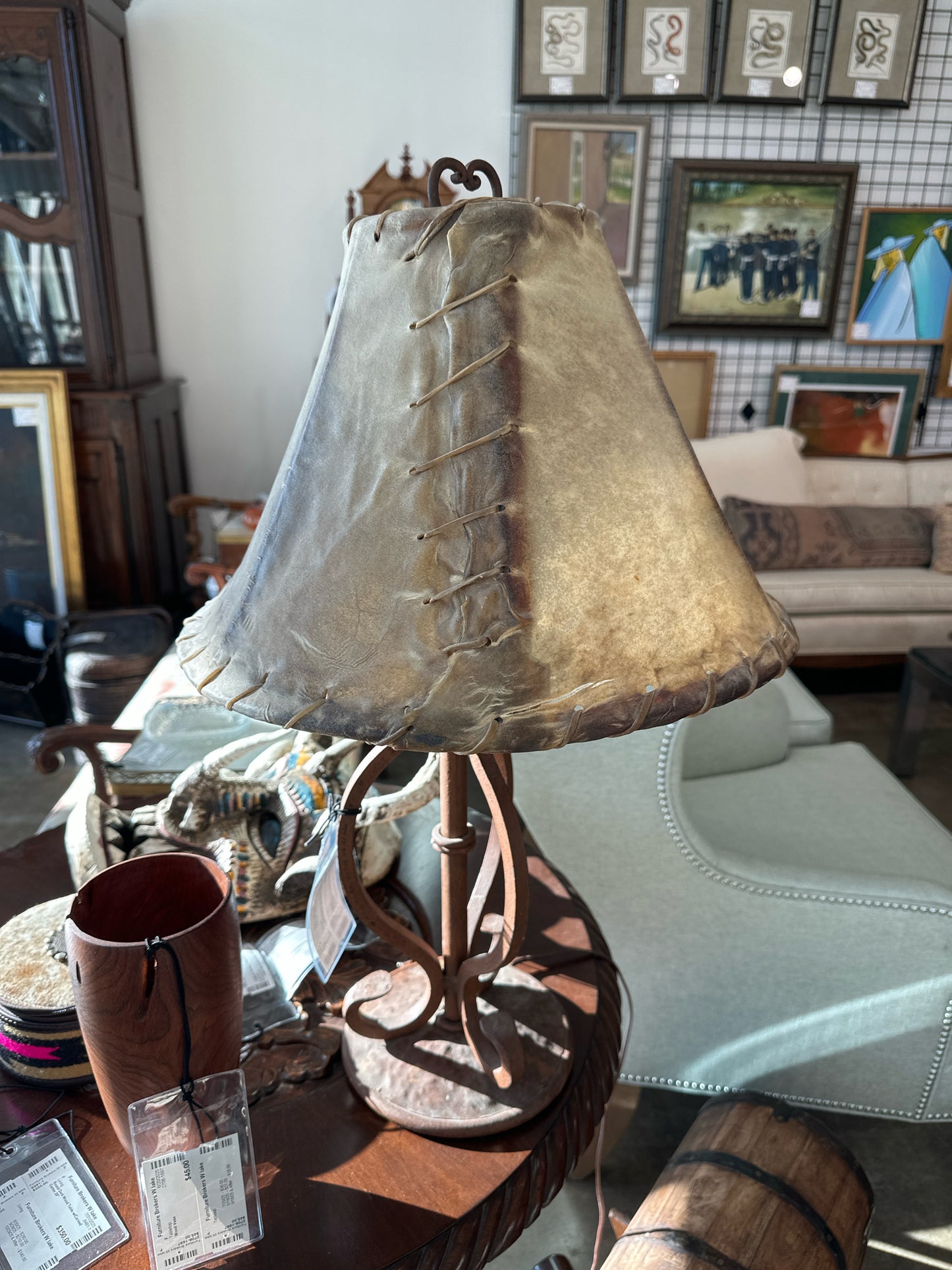 Wrought Iron Table Lamp with Rawhide Shade
