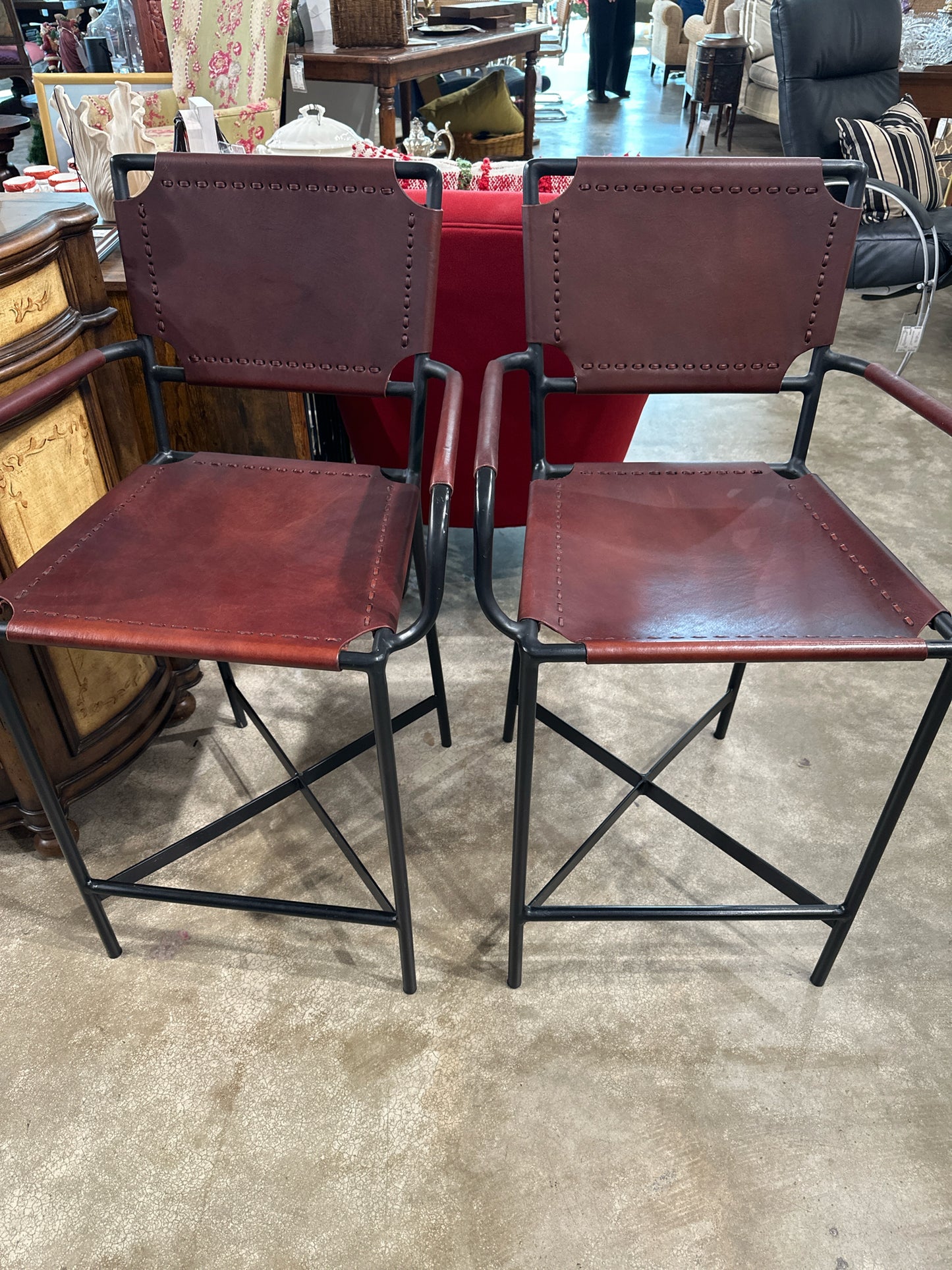Pair Crate & Barrel Burgundy Leather/ Black Iron Bar Stools