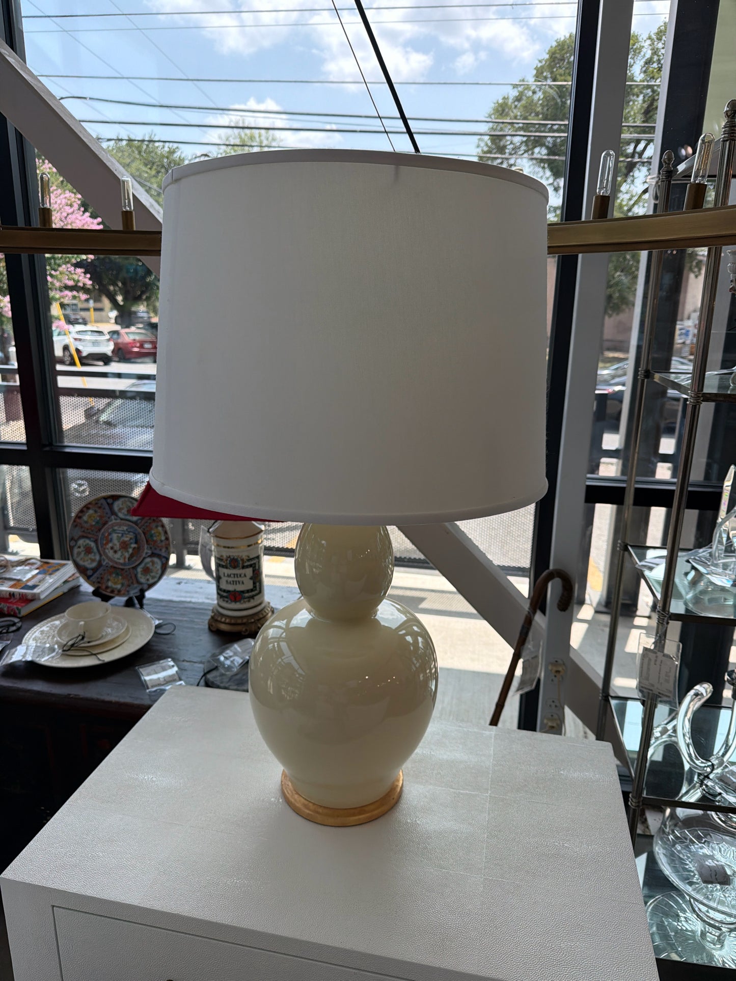 Visual Comfor Double Gourd Glazed Ceramic Cream Lamps w/ White Shades