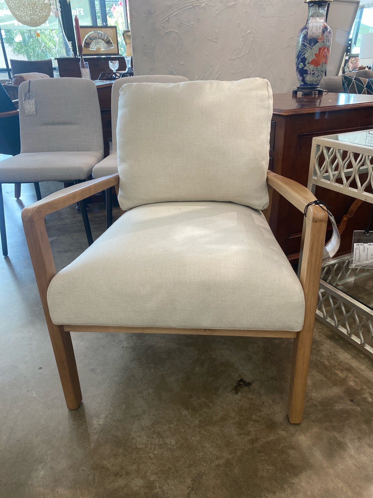 Side Chair Off White Linen Style Fabric w/ Pale Wood Sling Frame