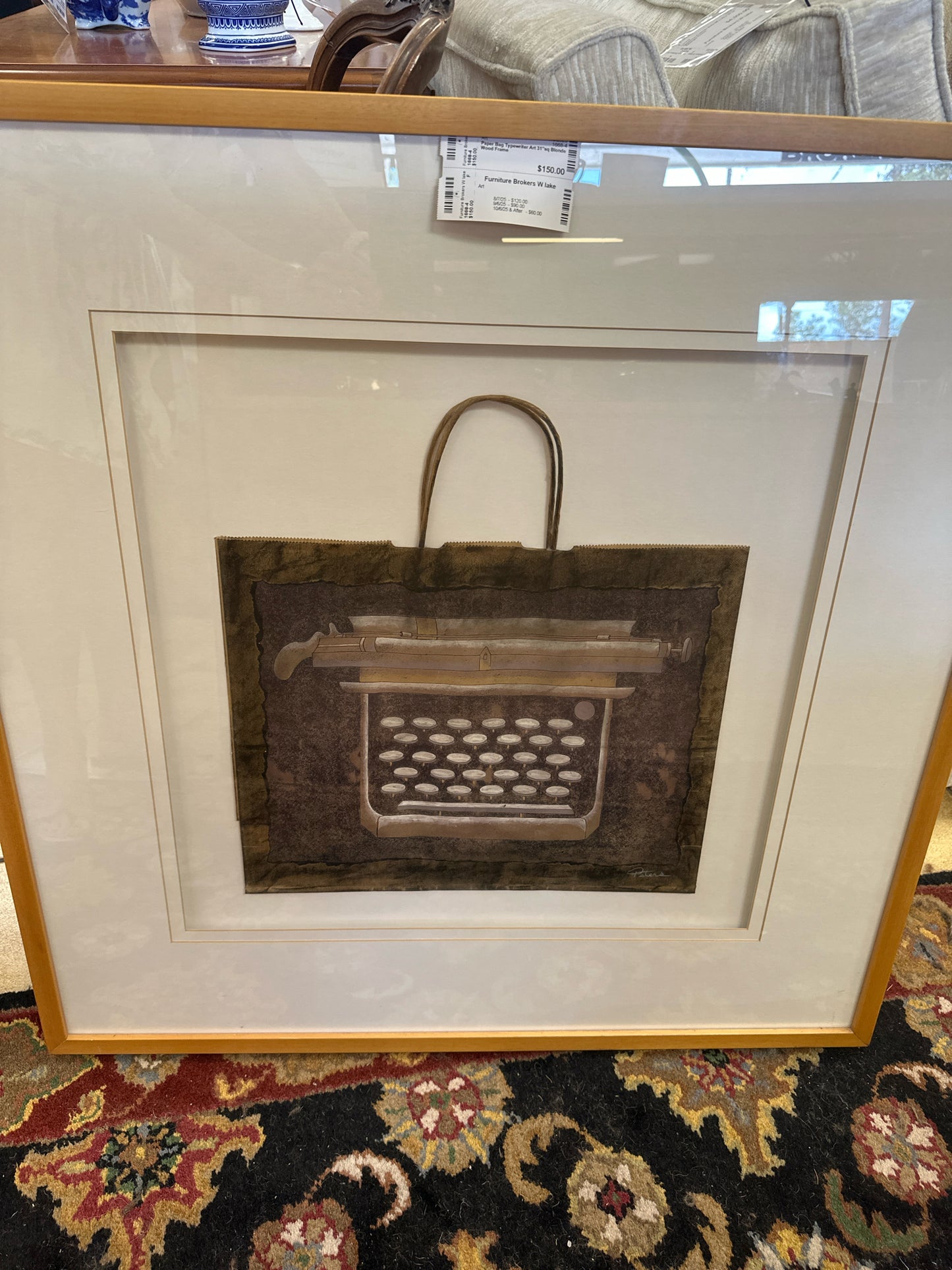Paper Bag Typewriter Art 31"sq Blonde Wood Frame