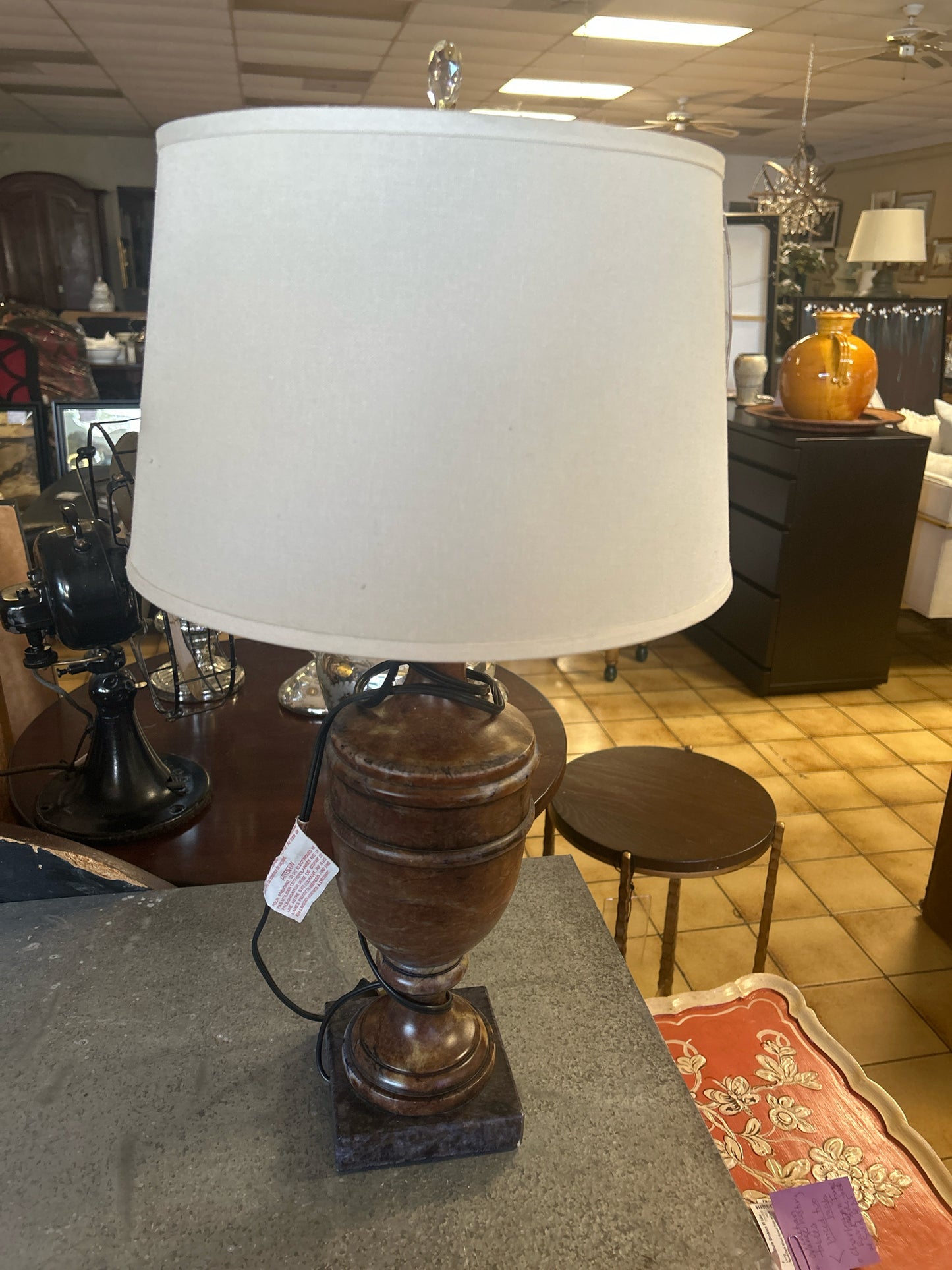 Marble Base Lamp w/Cream Linen Shade w/Crystal Finial