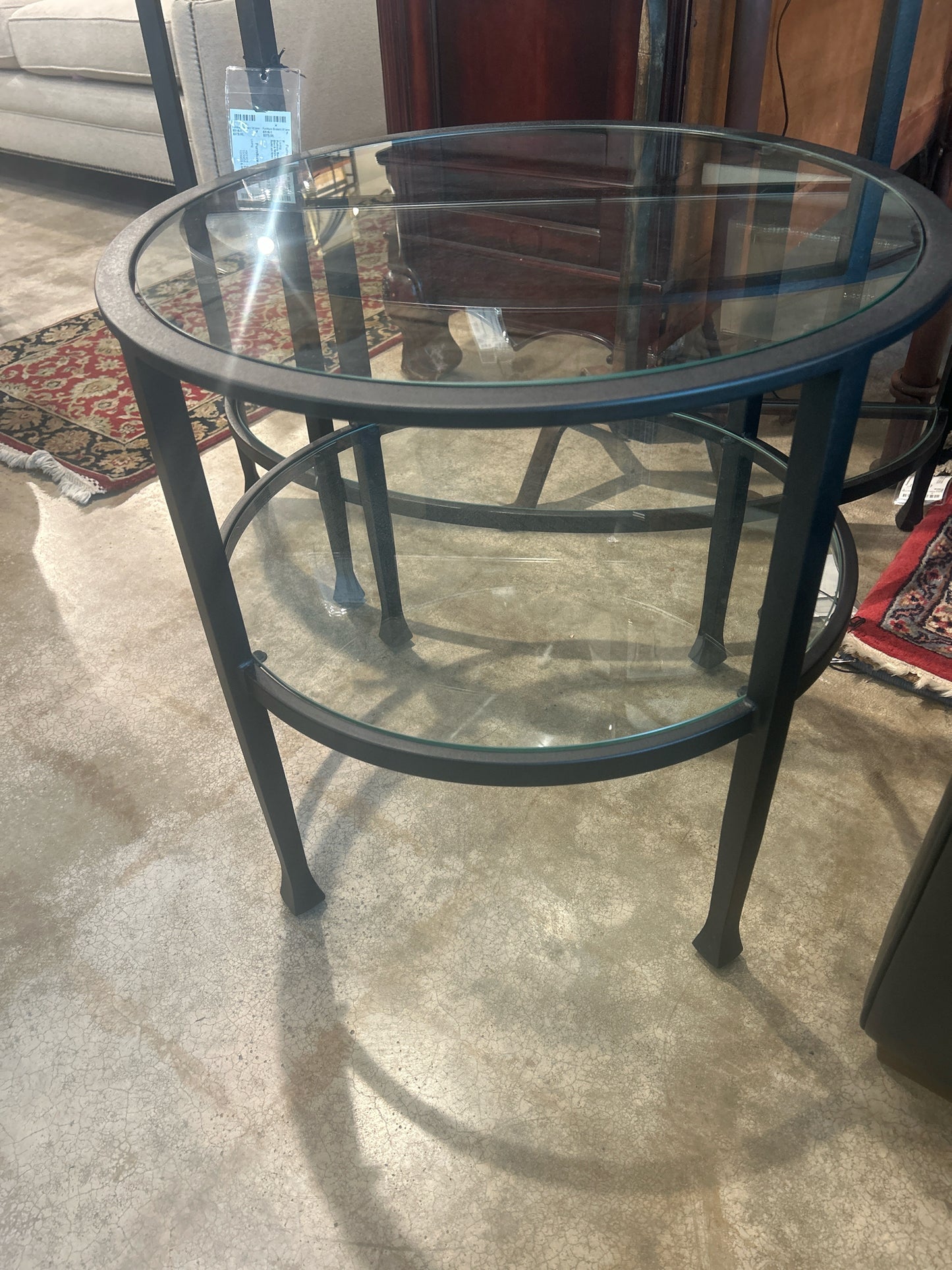 Pottery Barn Tanner Round 24" X 24" End Table Black With Glass Top And Bottom S