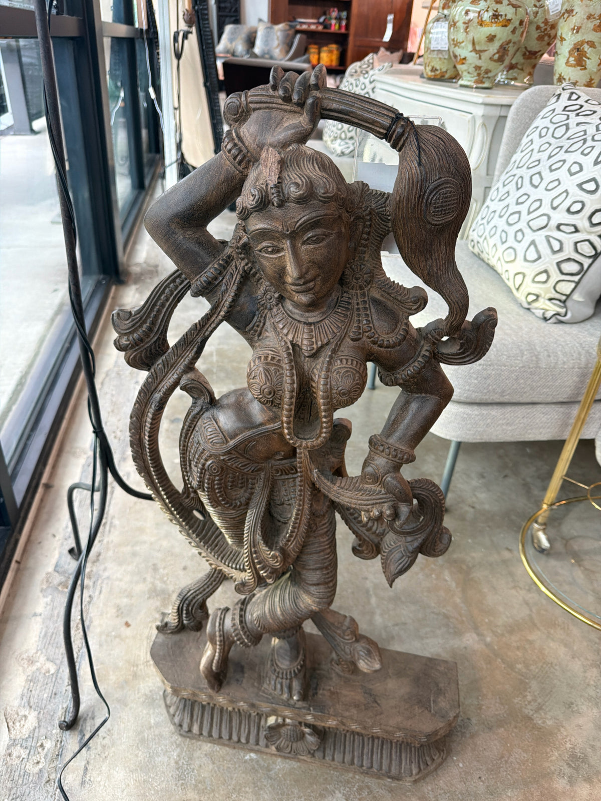 Hindu Goddess Statue Wood (Broken Piece & Repaired Piece) 36"x 17"