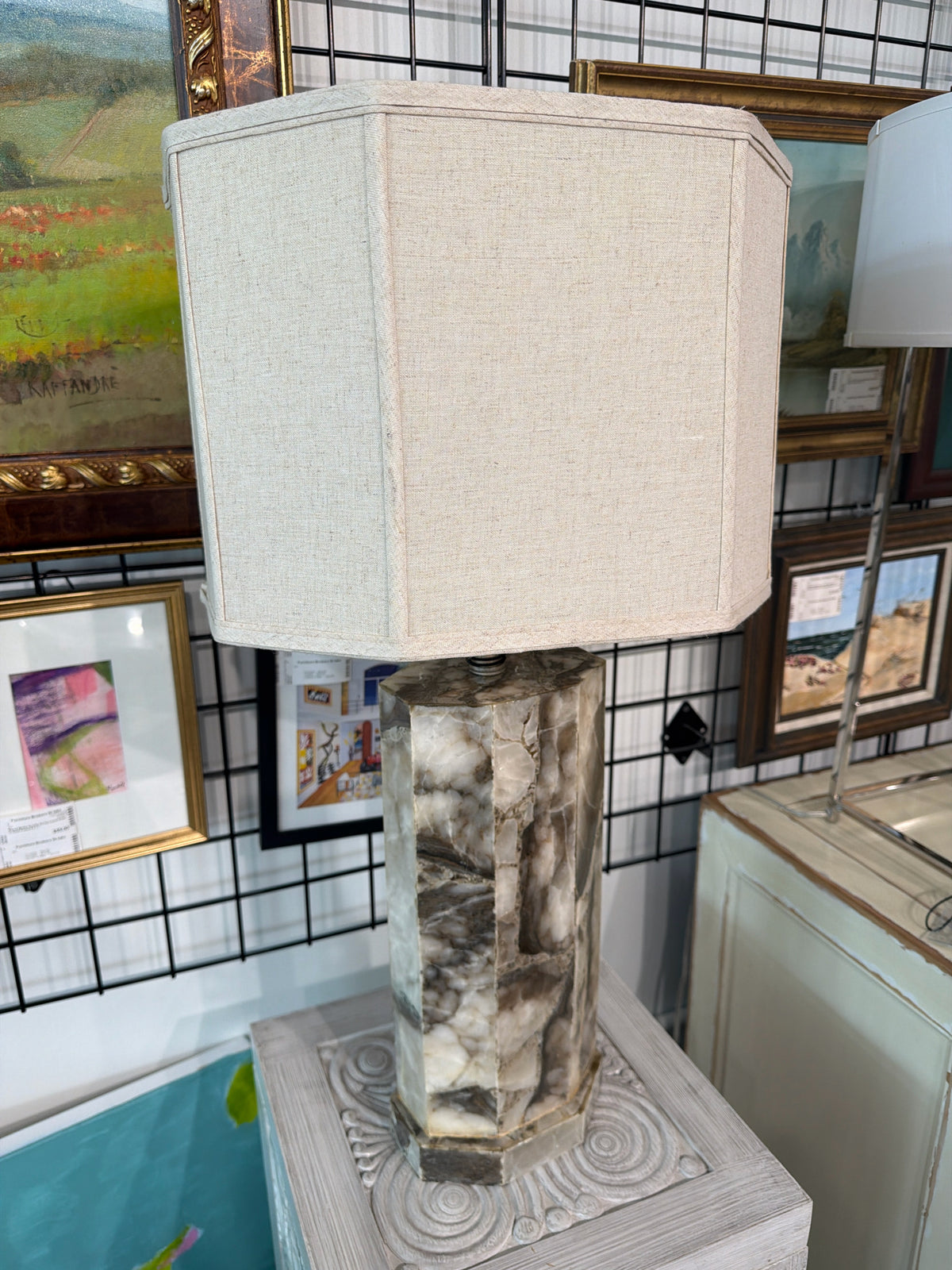 Stone Onyx Vintage Lamp w/ Stone Filial and Taupe Shade (bent lightbulb case) 32