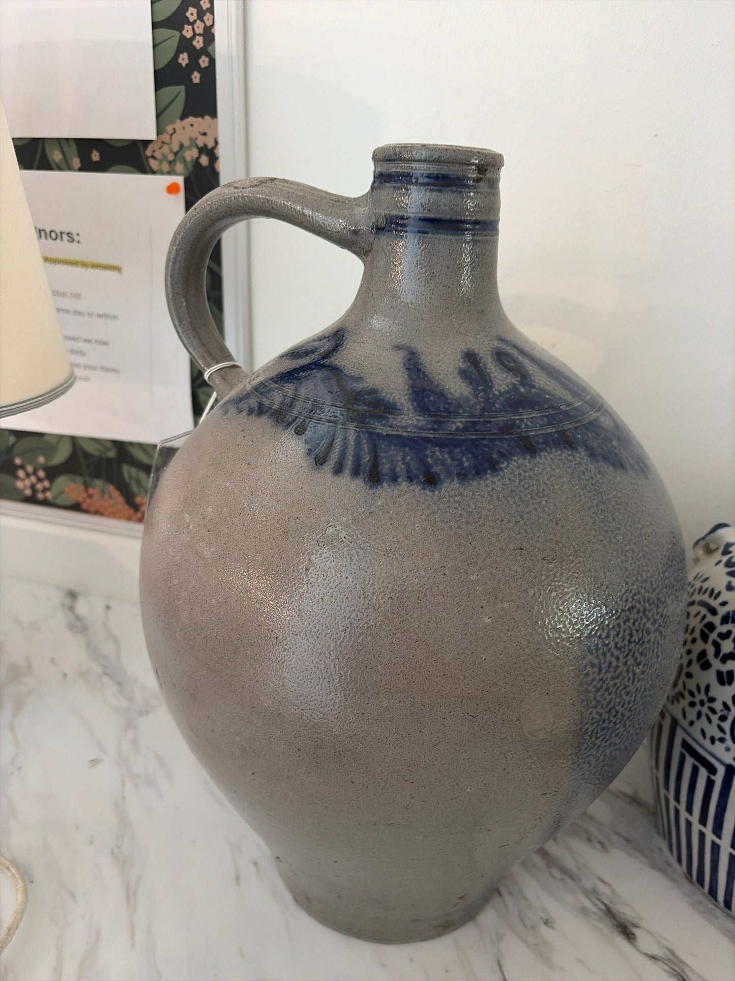Antique Salt Glazed Stoneware Jug w/Gray/Cobalt Blue