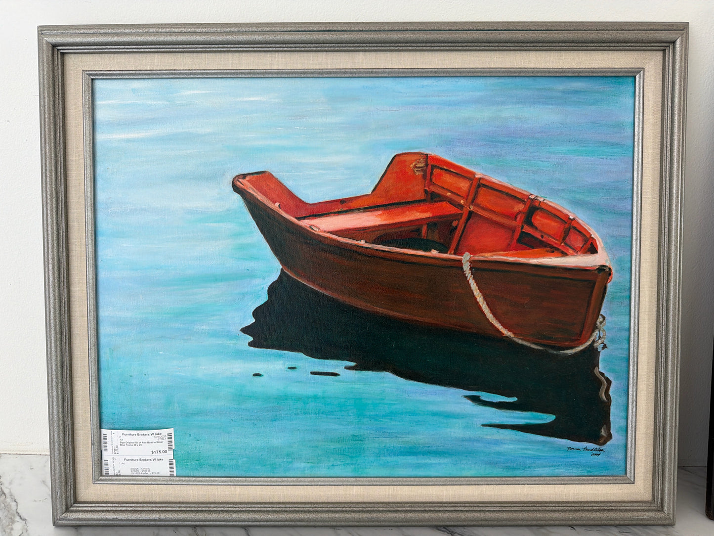 Sign.Original Oil of Red Boat in Silver Blue Frame 29 x 23
