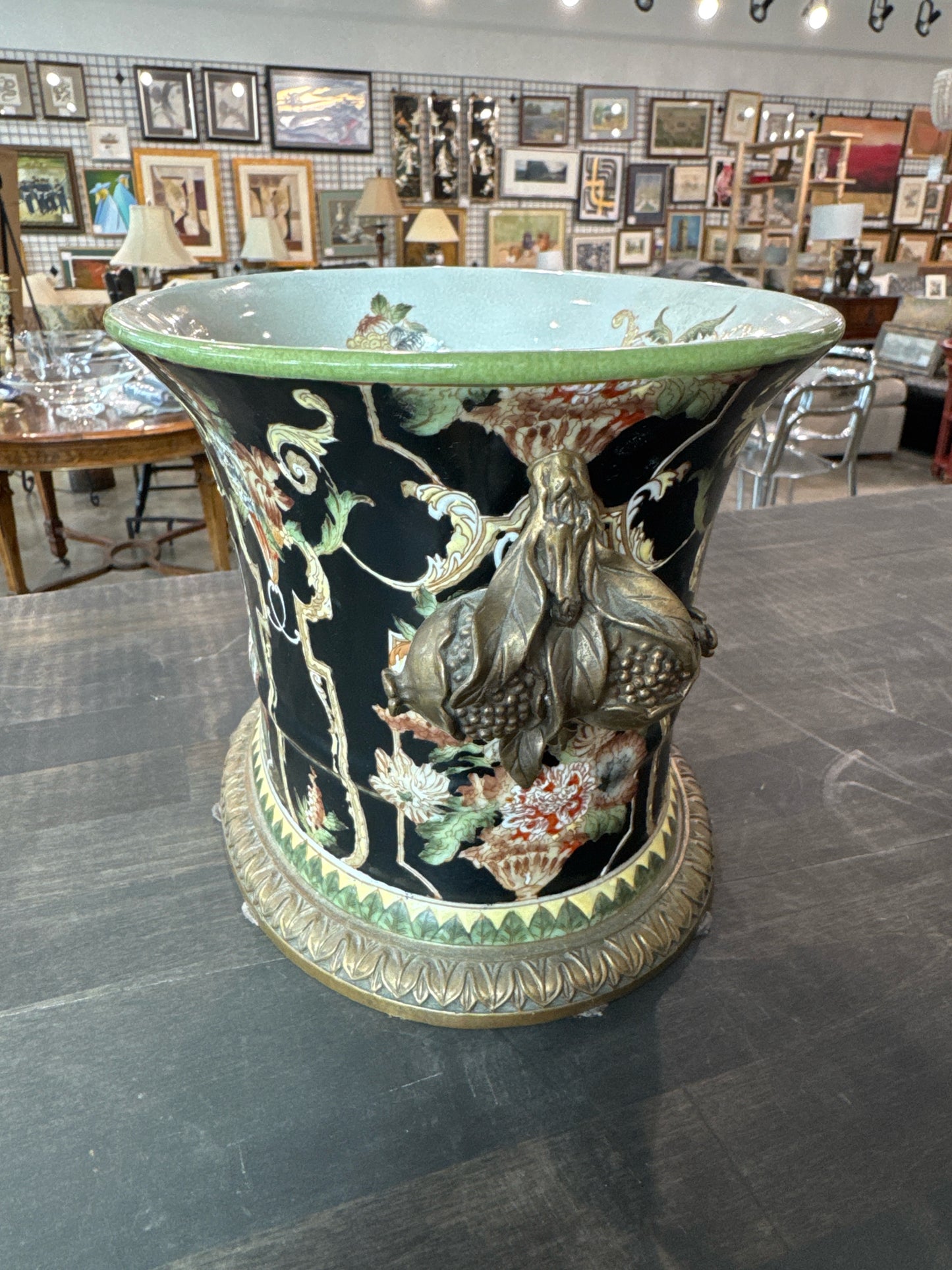 Nior Oval Hand Painted Ceramic Jardiniere with Brass Pomegranate Handles