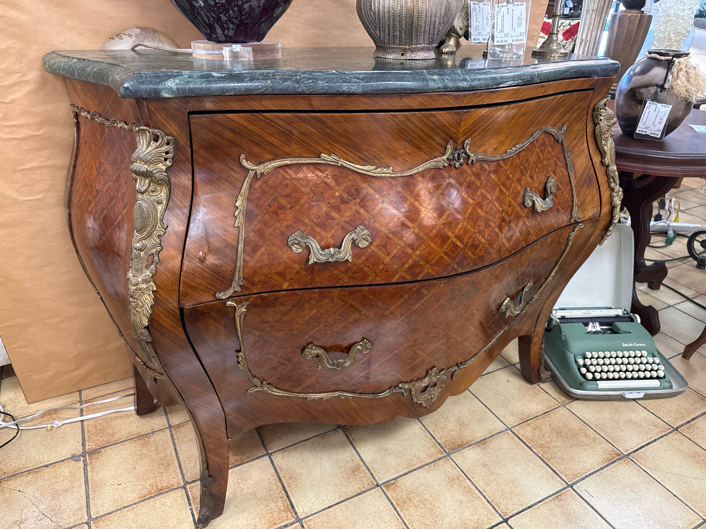 French Louis XVI Chest of Drawers w/ Green Marble Top 44x22x36