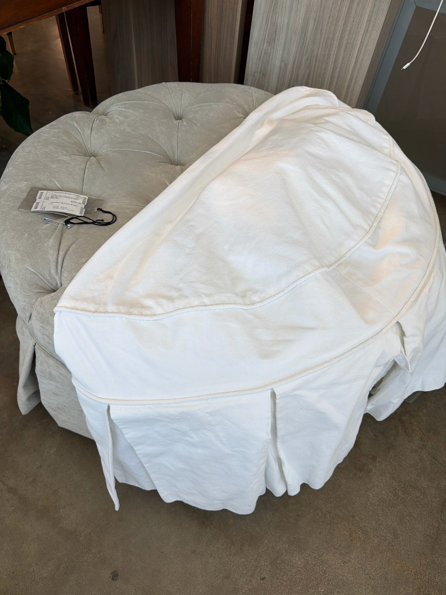 EA Gray Tufted Ottomon Coco Style New Upholster including w/ Cotton Slipcover