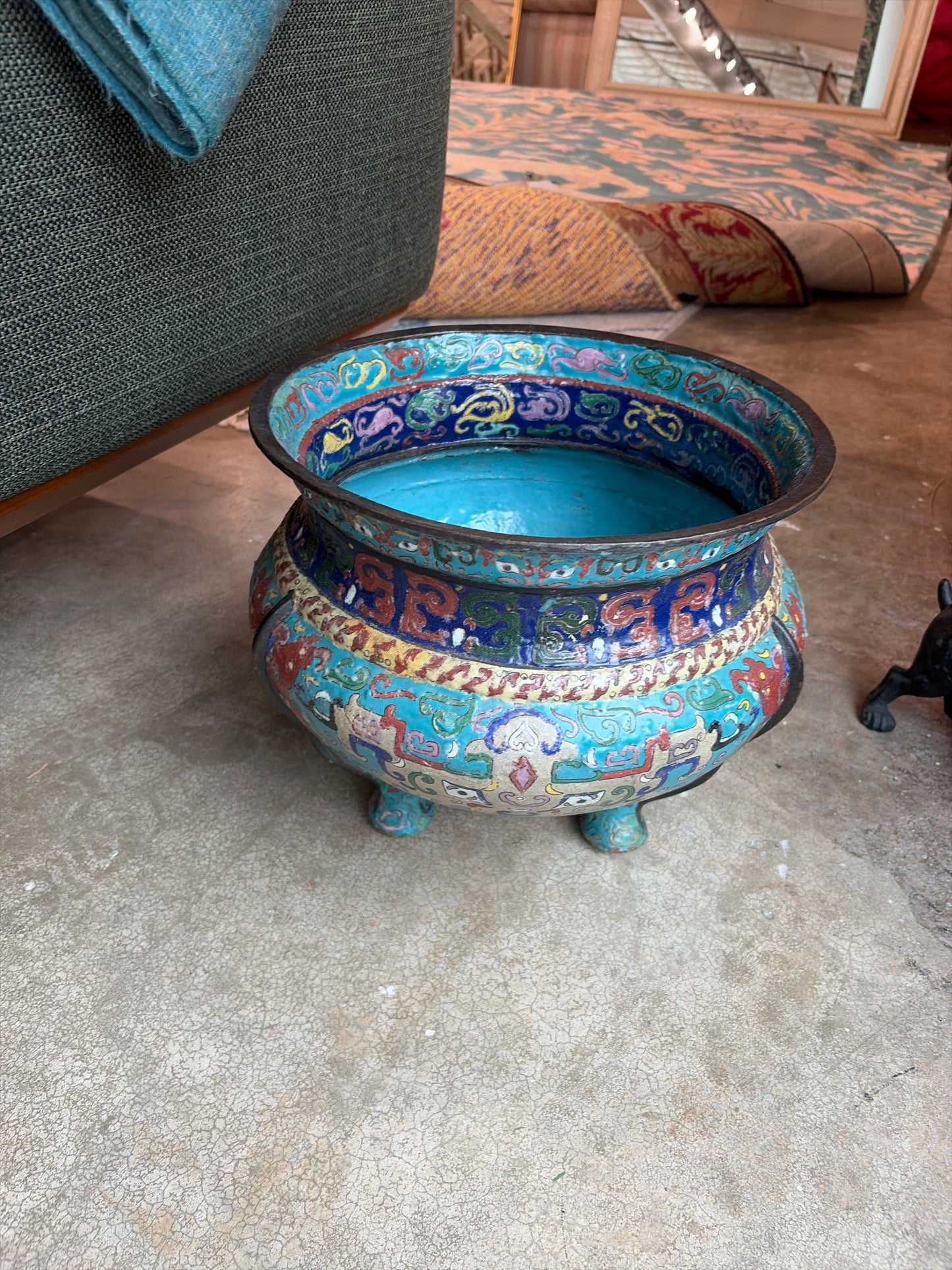 Chinese Cloisoinne Style Multi-Color Footed Pot